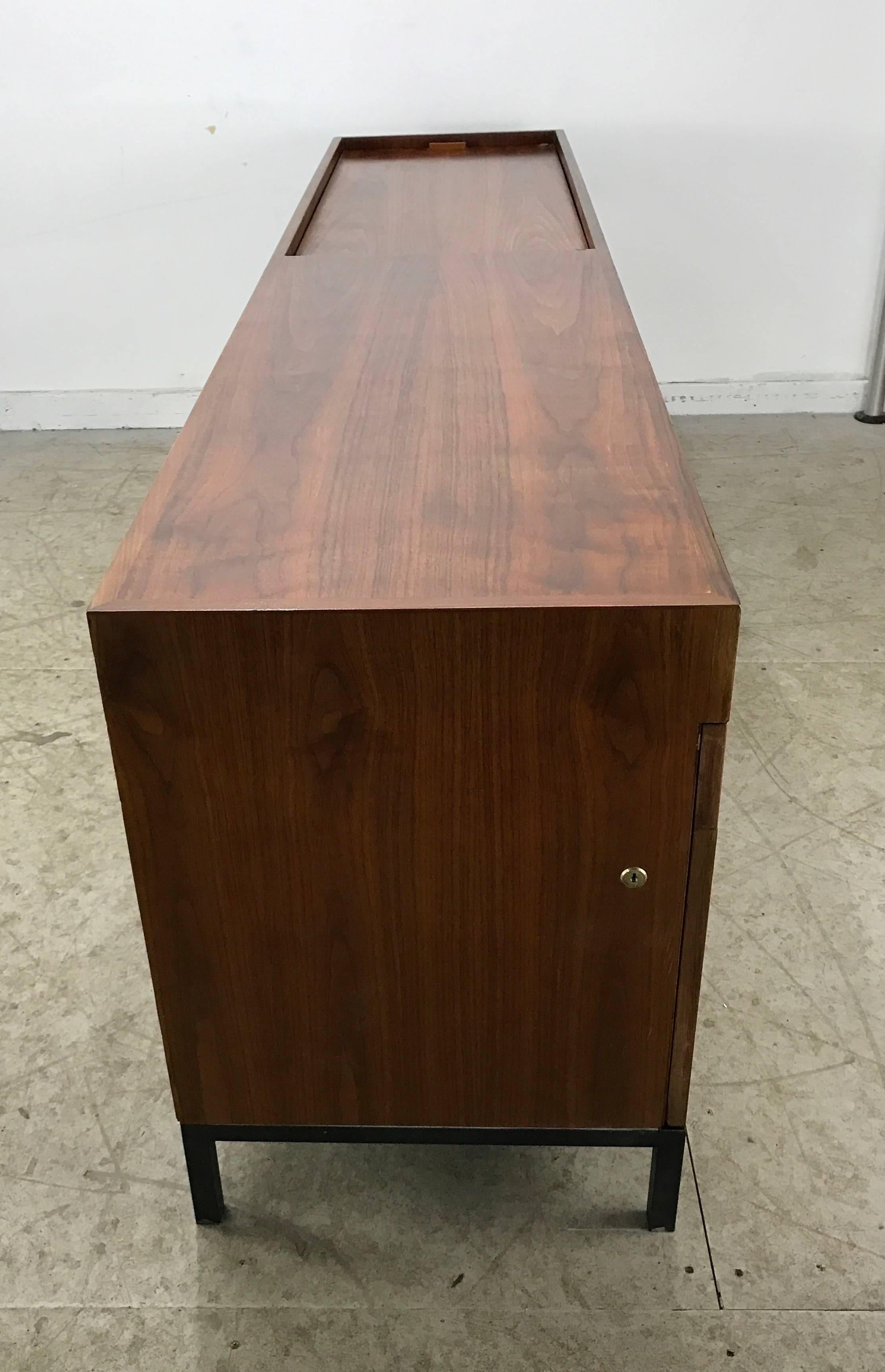 Unusual Modern Bookmatched Walnut Credenza, Leather Pulls by Stow and Davis 1
