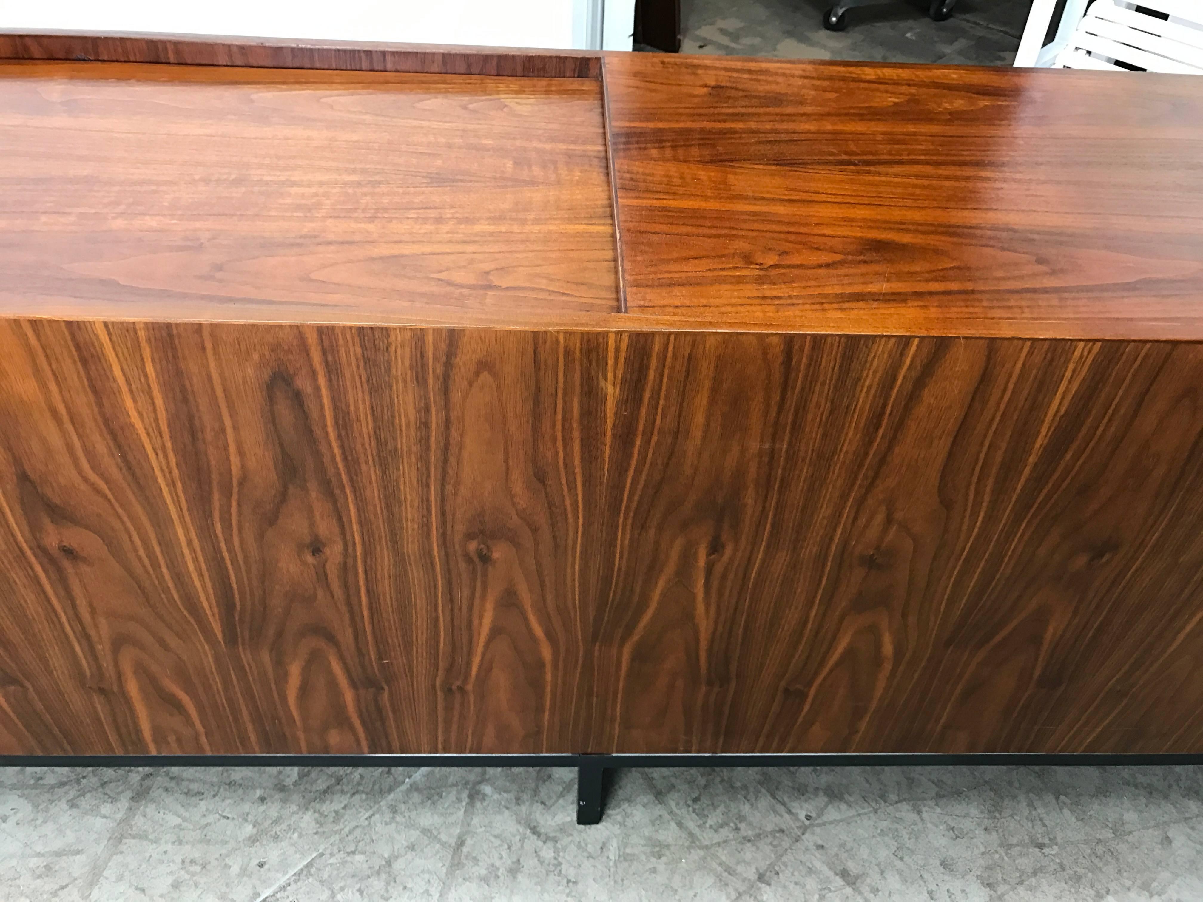 Unusual Modern Bookmatched Walnut Credenza, Leather Pulls by Stow and Davis 3