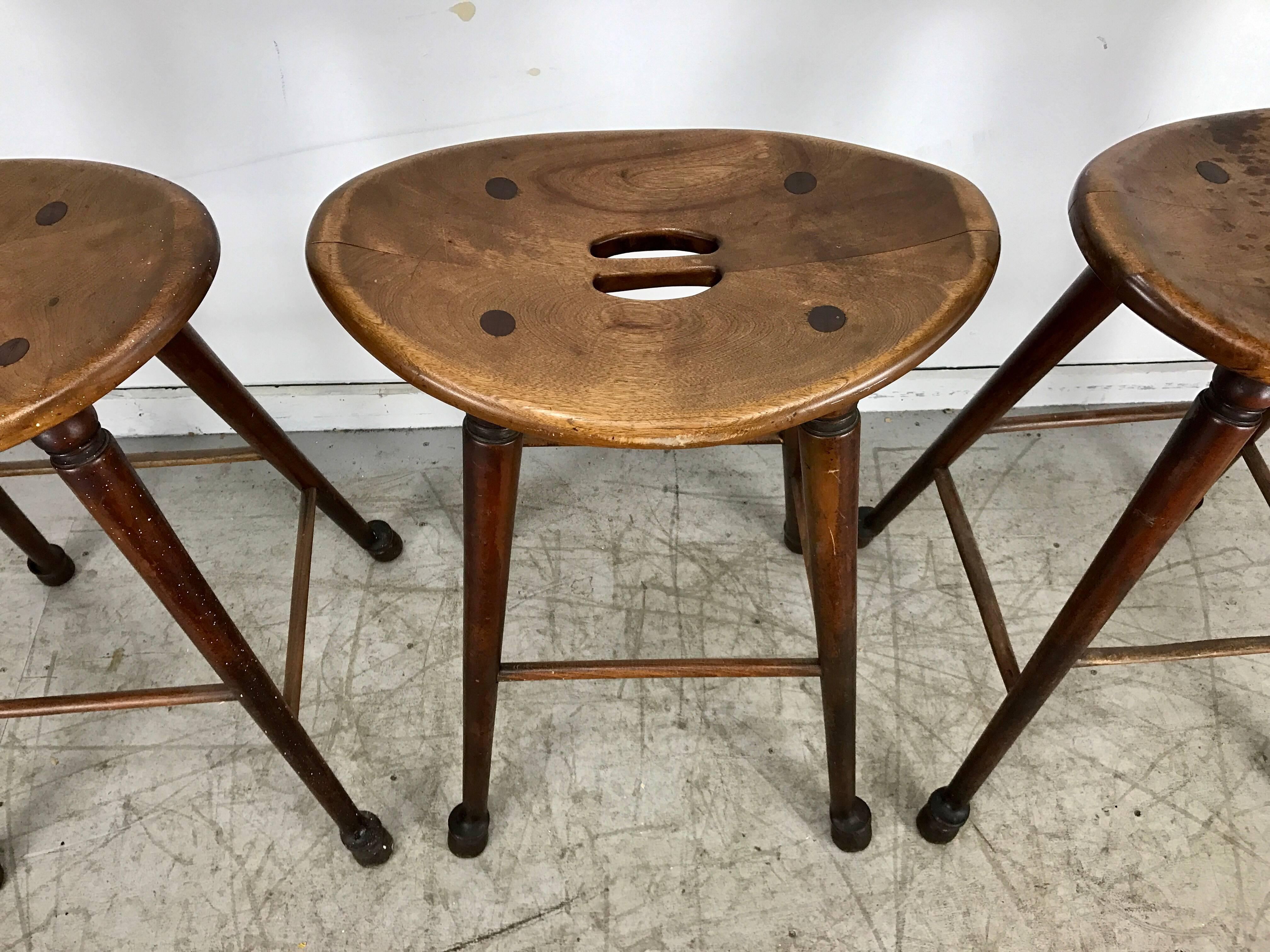 American Craftsman Unusual Set of Three Antique Hooved Saloon Stools Bar or Counter Cowboy Modern