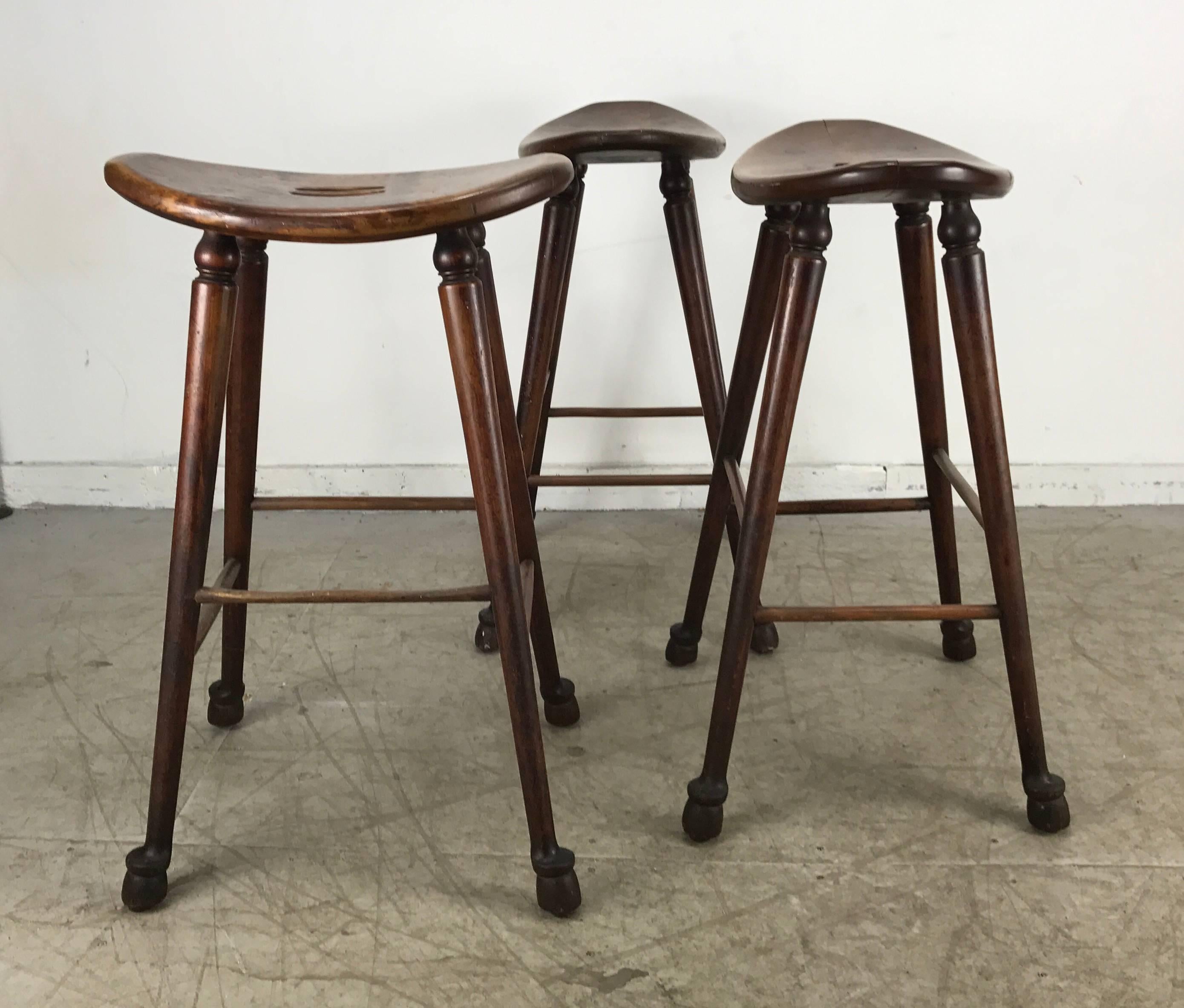 Hand-Crafted Unusual Set of Three Antique Hooved Saloon Stools Bar or Counter Cowboy Modern