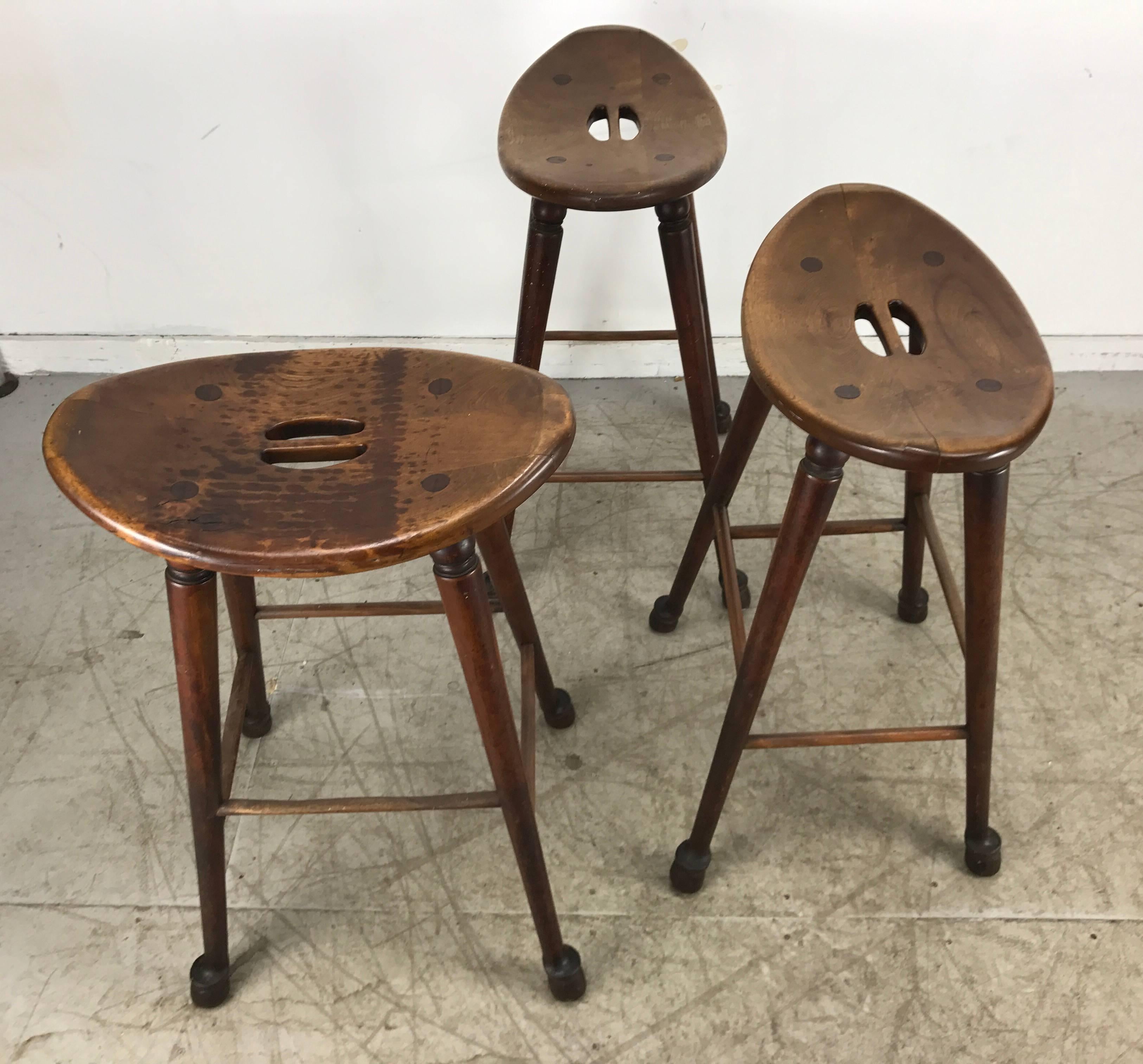 Unusual Set of Three Antique Hooved Saloon Stools Bar or Counter Cowboy Modern In Distressed Condition In Buffalo, NY