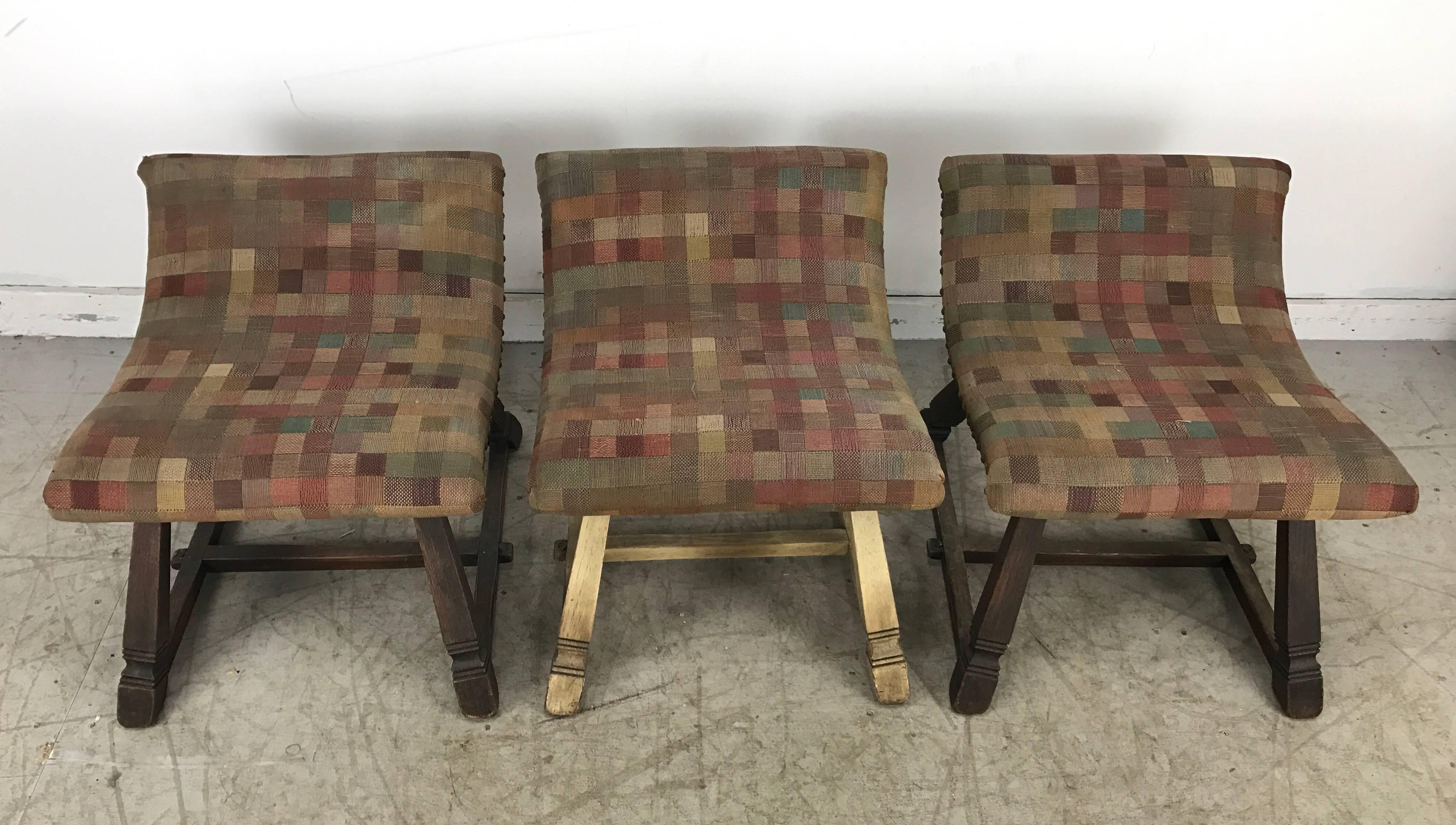 Unusual Set of Three Oak and Fabric Parlor Fireside Stools/Benches, Romweber In Good Condition In Buffalo, NY