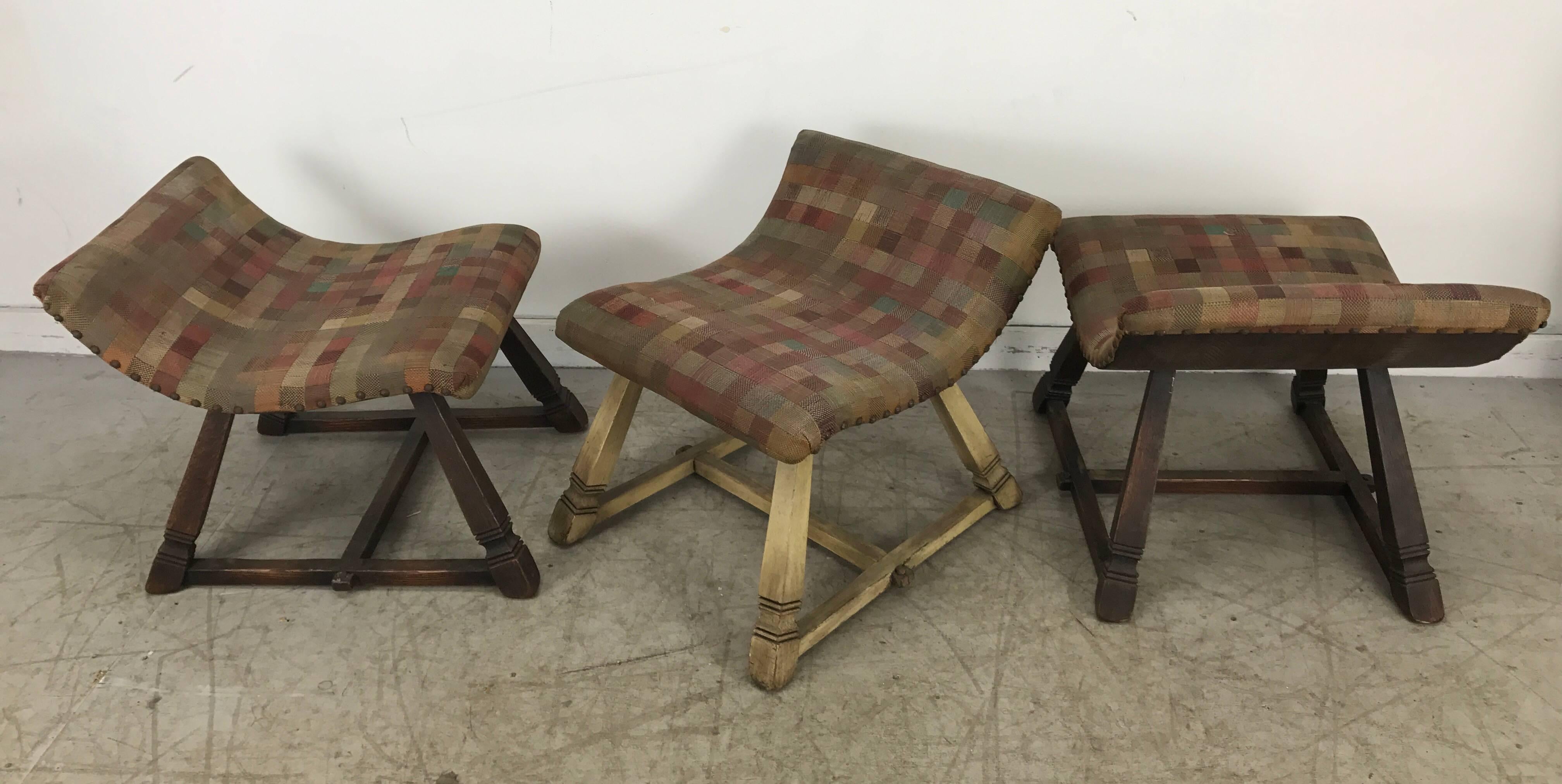 Unusual Set of Three Oak and Fabric Parlor Fireside Stools/Benches, Romweber 1