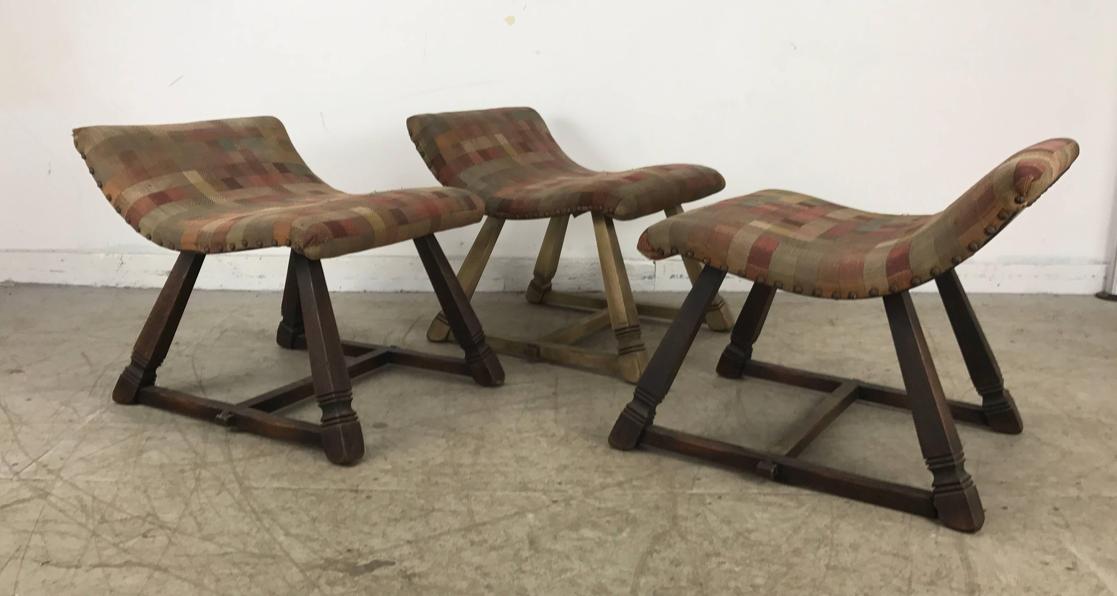 Unusual Set of Three Oak and Fabric Parlor Fireside Stools/Benches, Romweber 2