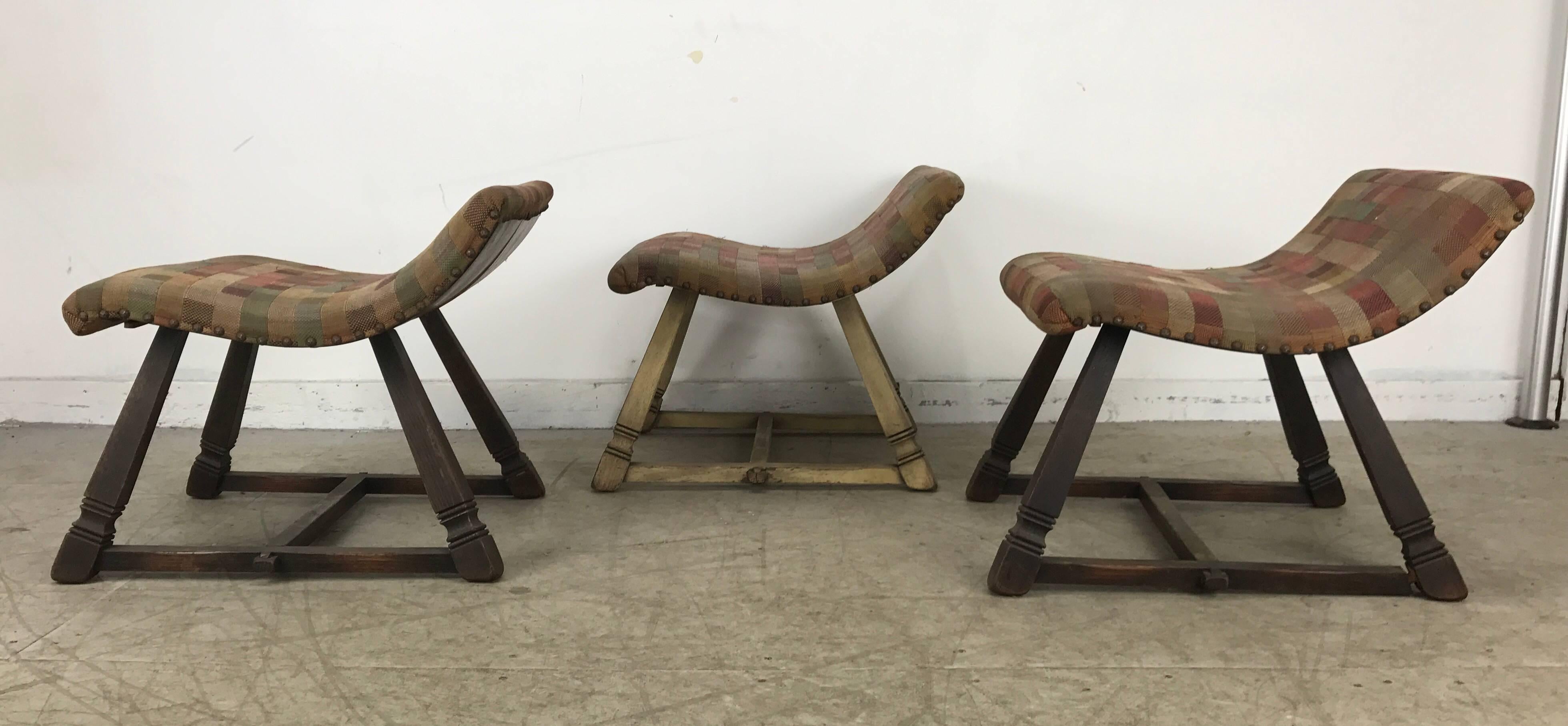 20th Century Unusual Set of Three Oak and Fabric Parlor Fireside Stools/Benches, Romweber