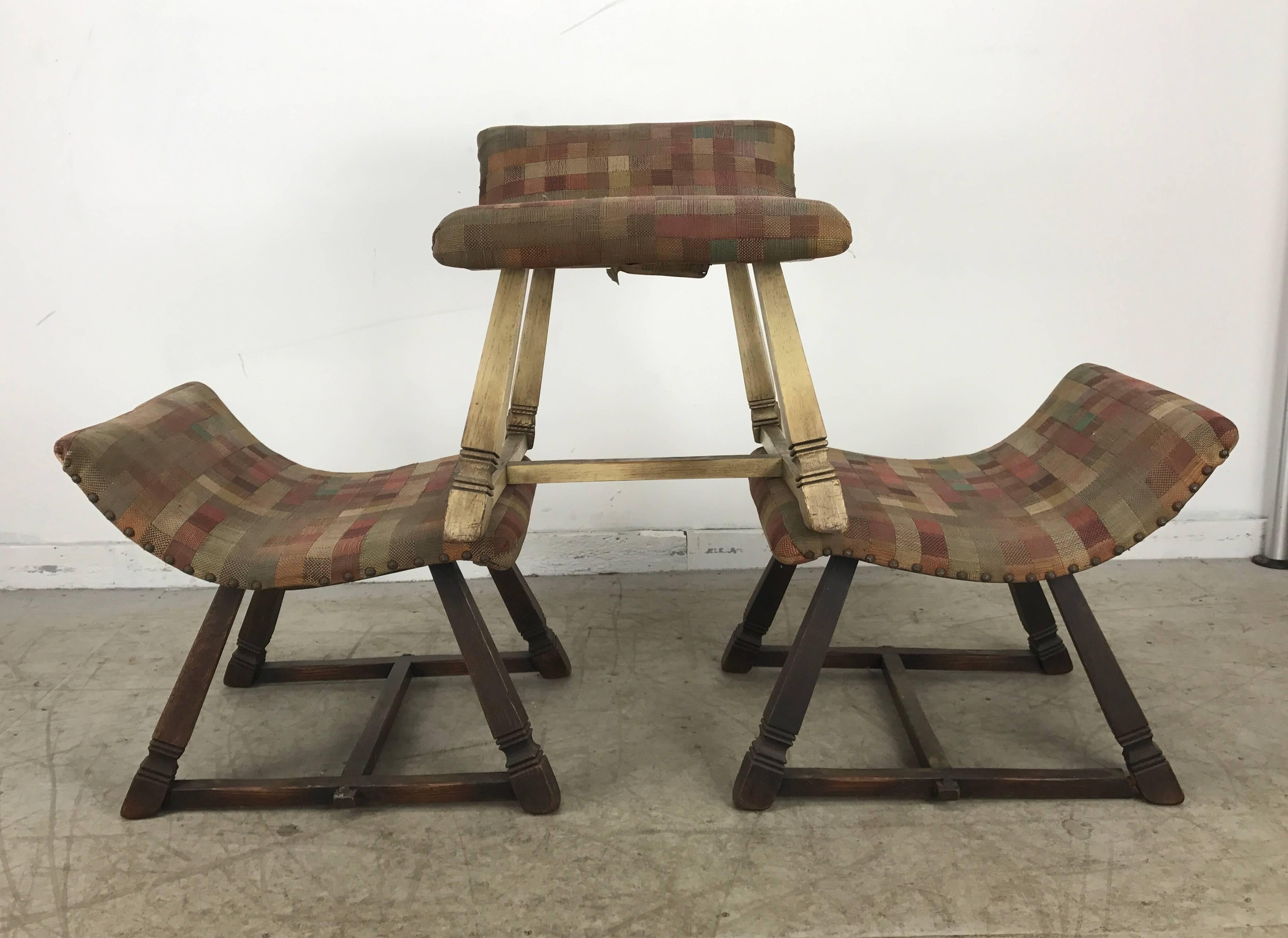 American Unusual Set of Three Oak and Fabric Parlor Fireside Stools/Benches, Romweber