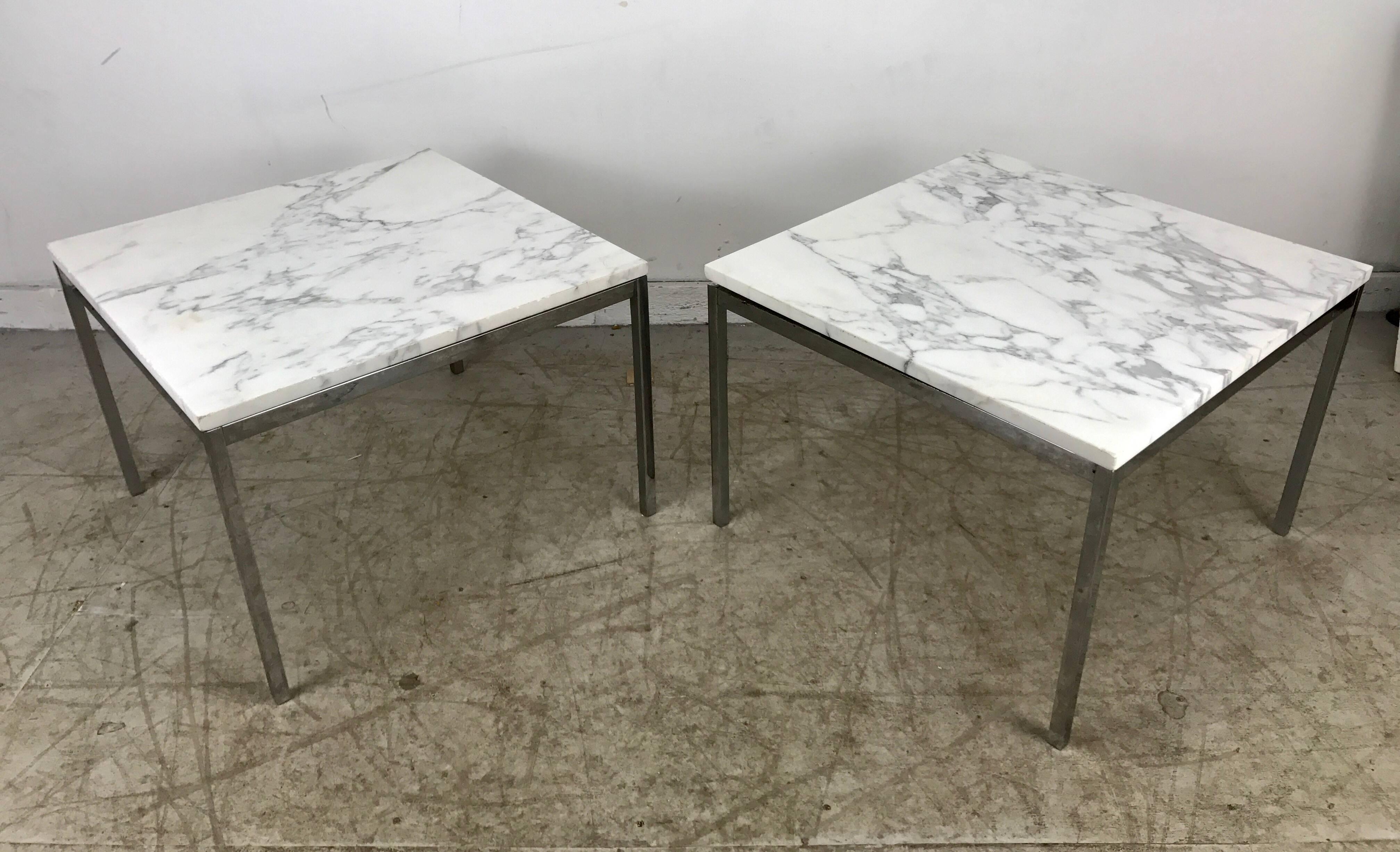 Polished Classic Pair of Florence Knoll Marble and Stainless End Tables or Knoll