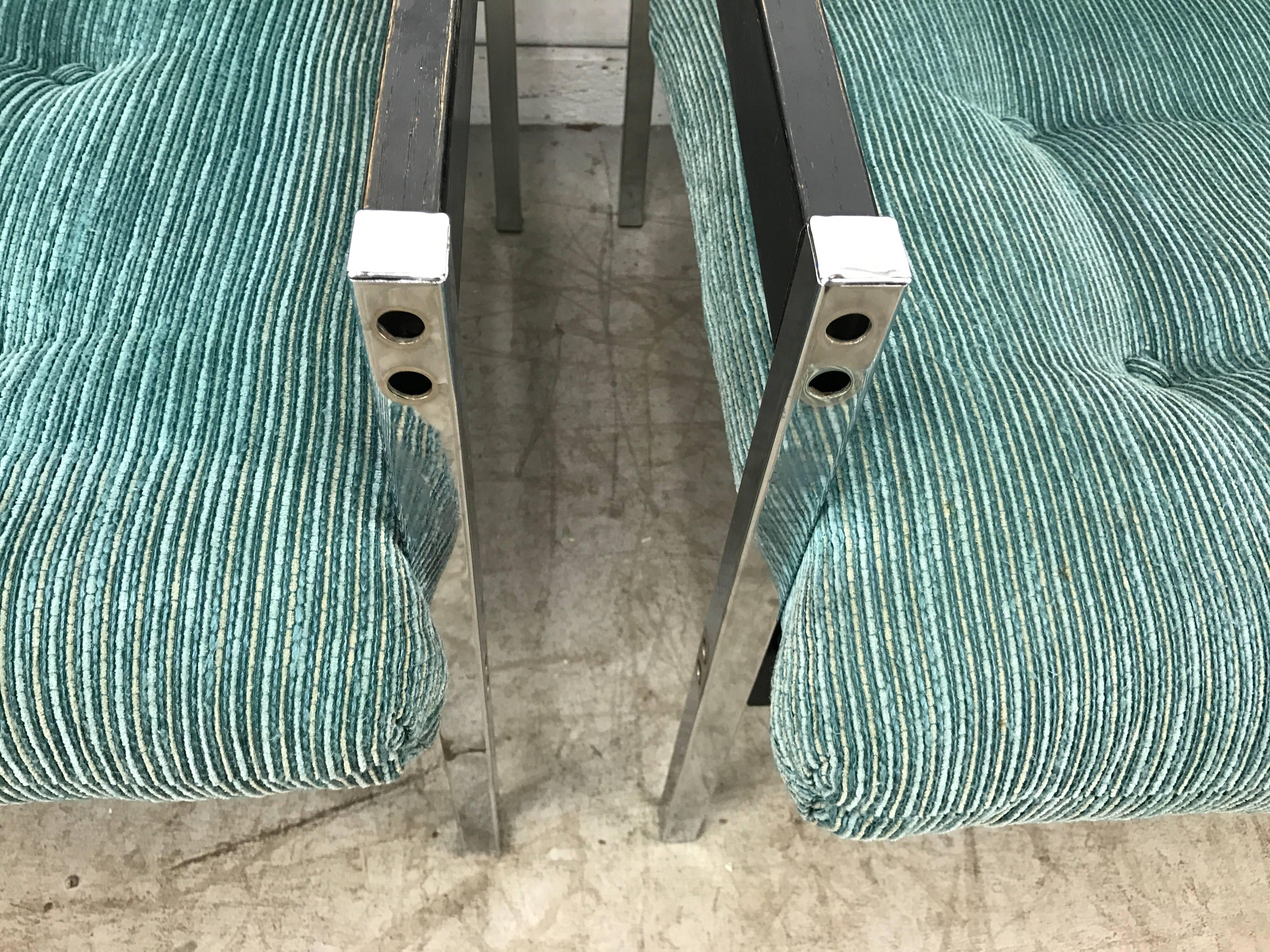 Mid-Century Modern Pair of Modernist Chrome and Wood Sling Lounge Chairs after Charles Pollock