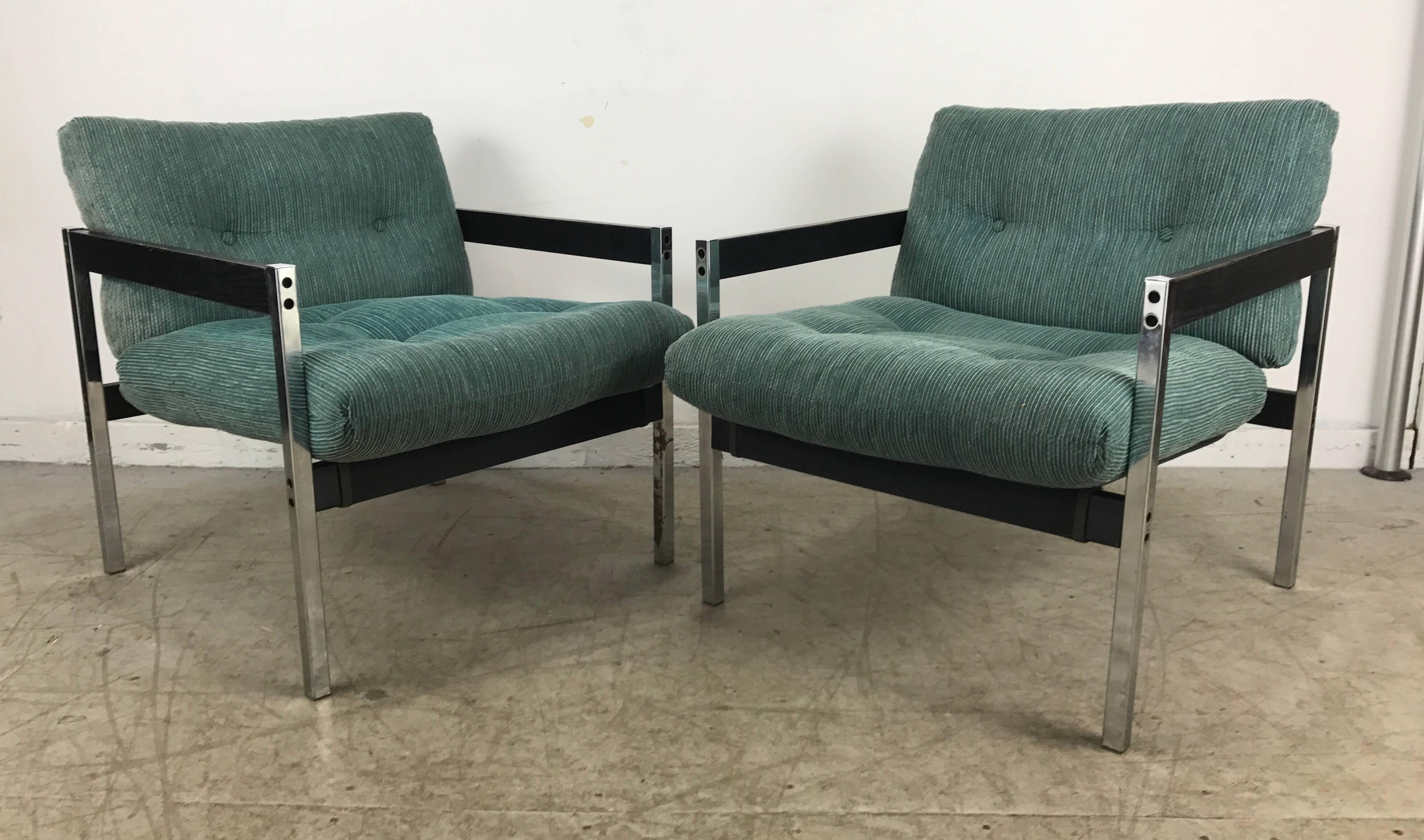 American Pair of Modernist Chrome and Wood Sling Lounge Chairs after Charles Pollock