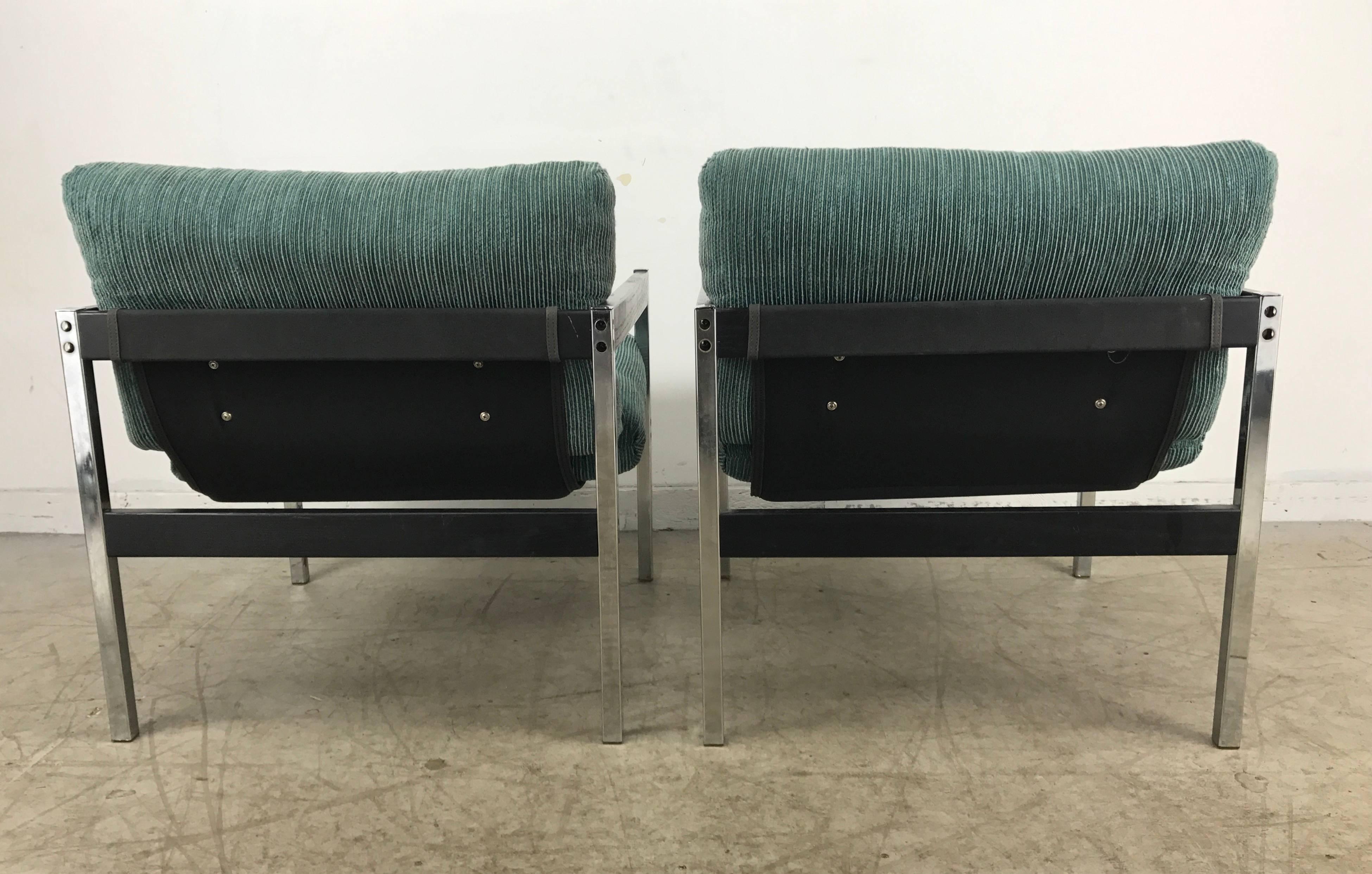20th Century Pair of Modernist Chrome and Wood Sling Lounge Chairs after Charles Pollock