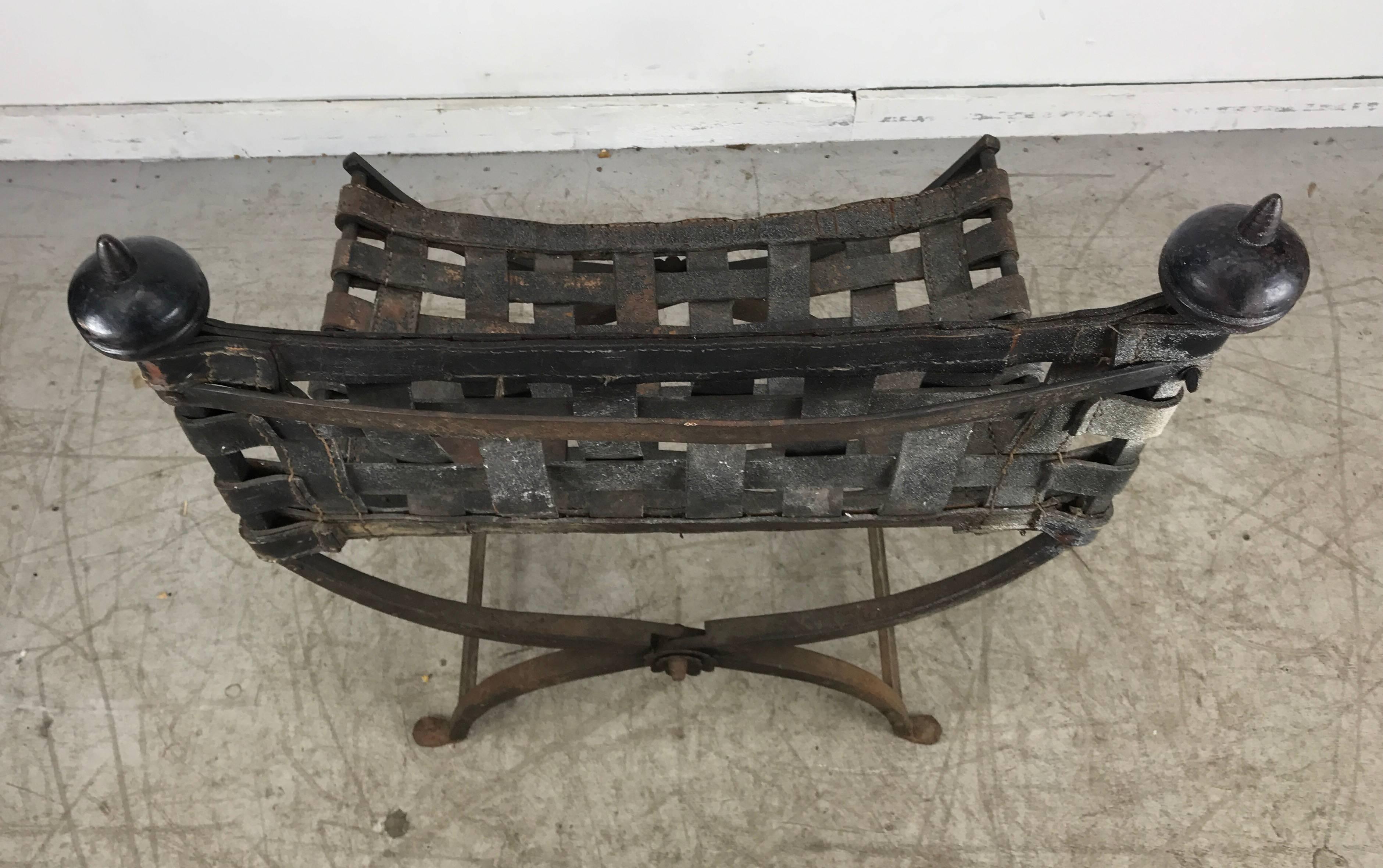 1920s Italian Iron and Leather Campaign Chair In Distressed Condition In Buffalo, NY