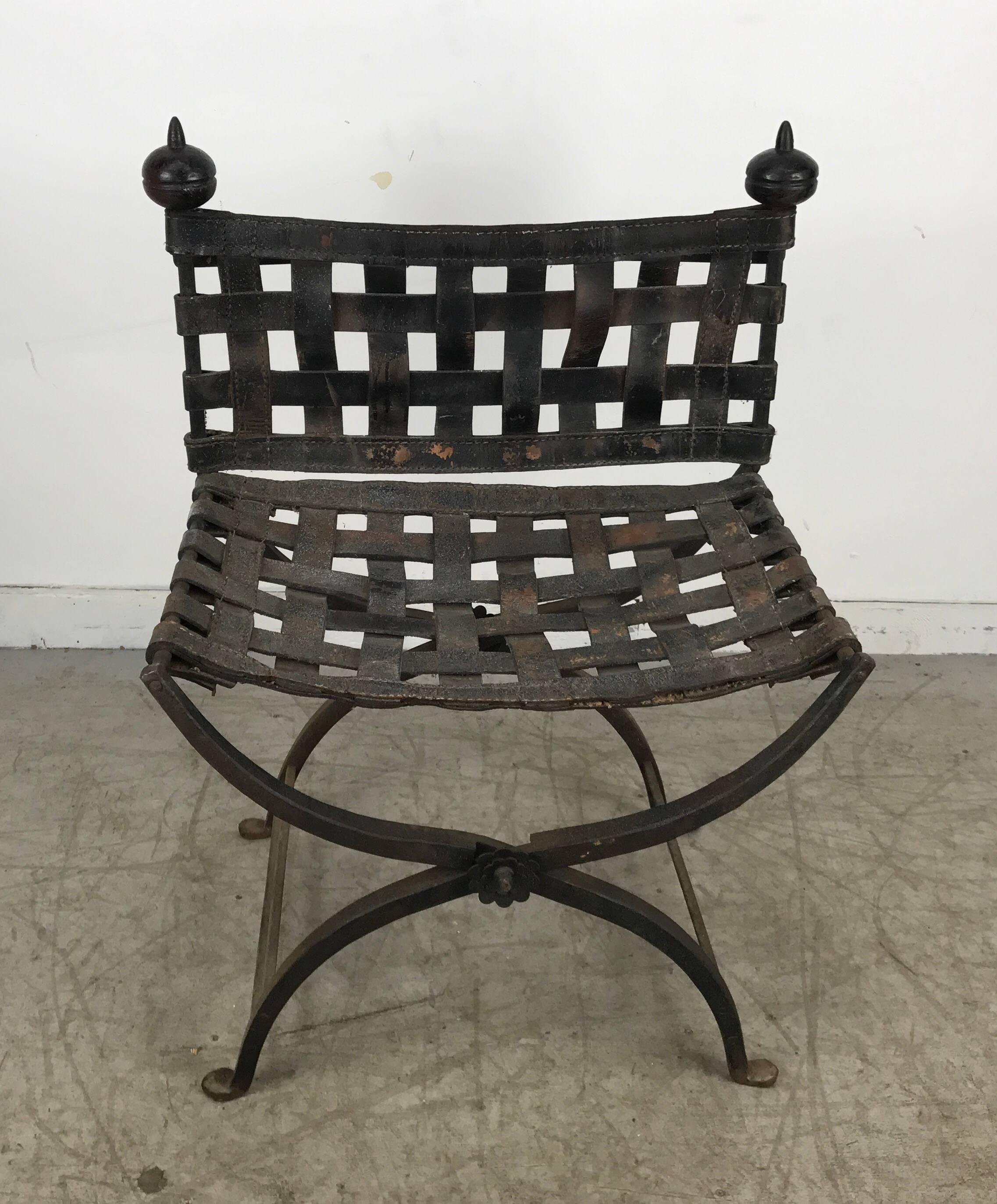 20th Century 1920s Italian Iron and Leather Campaign Chair