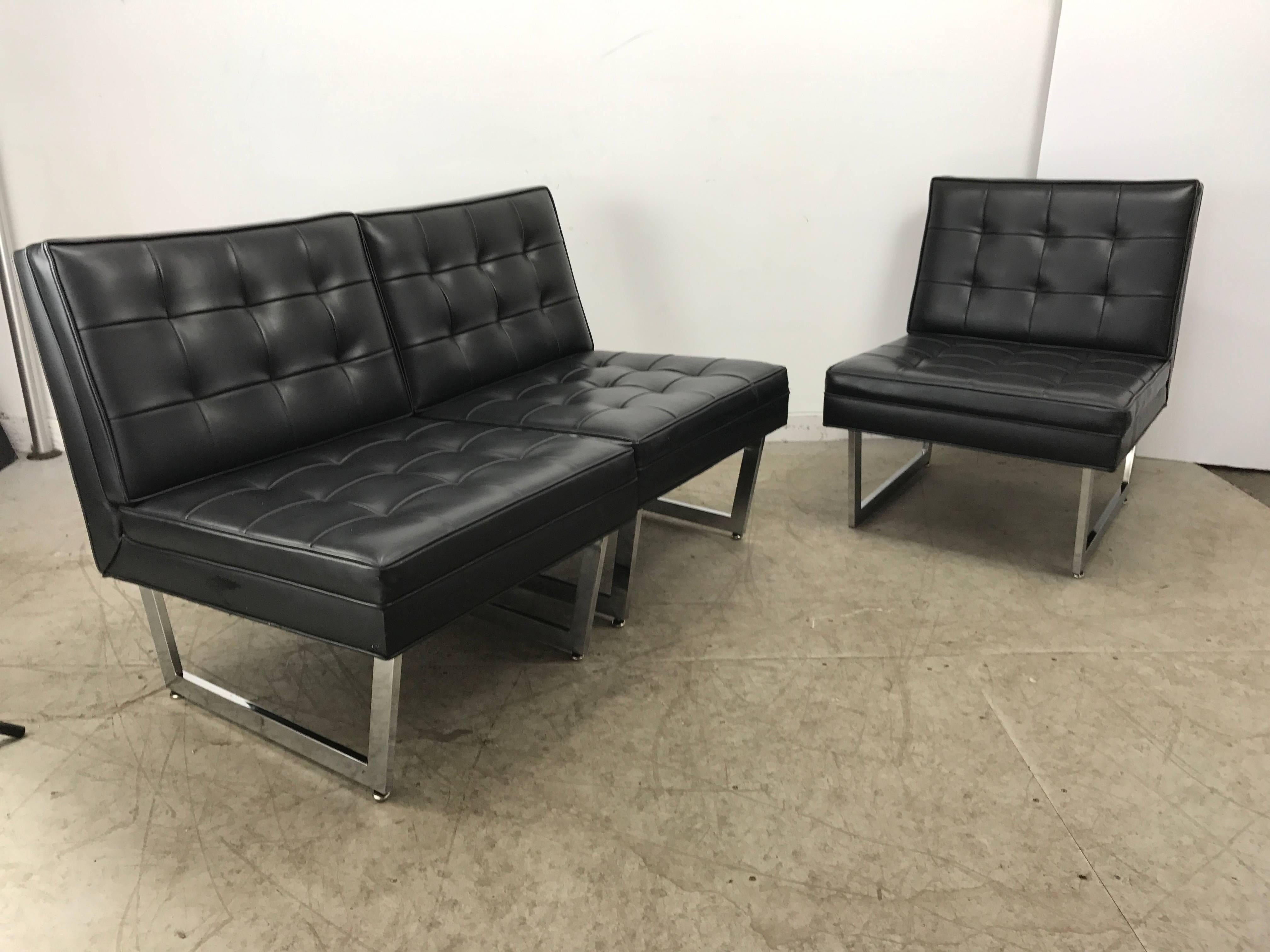 Mid-Century Modern Black and Chrome Modular Seating, Button Tufted Sofa, Mies Tugenhat