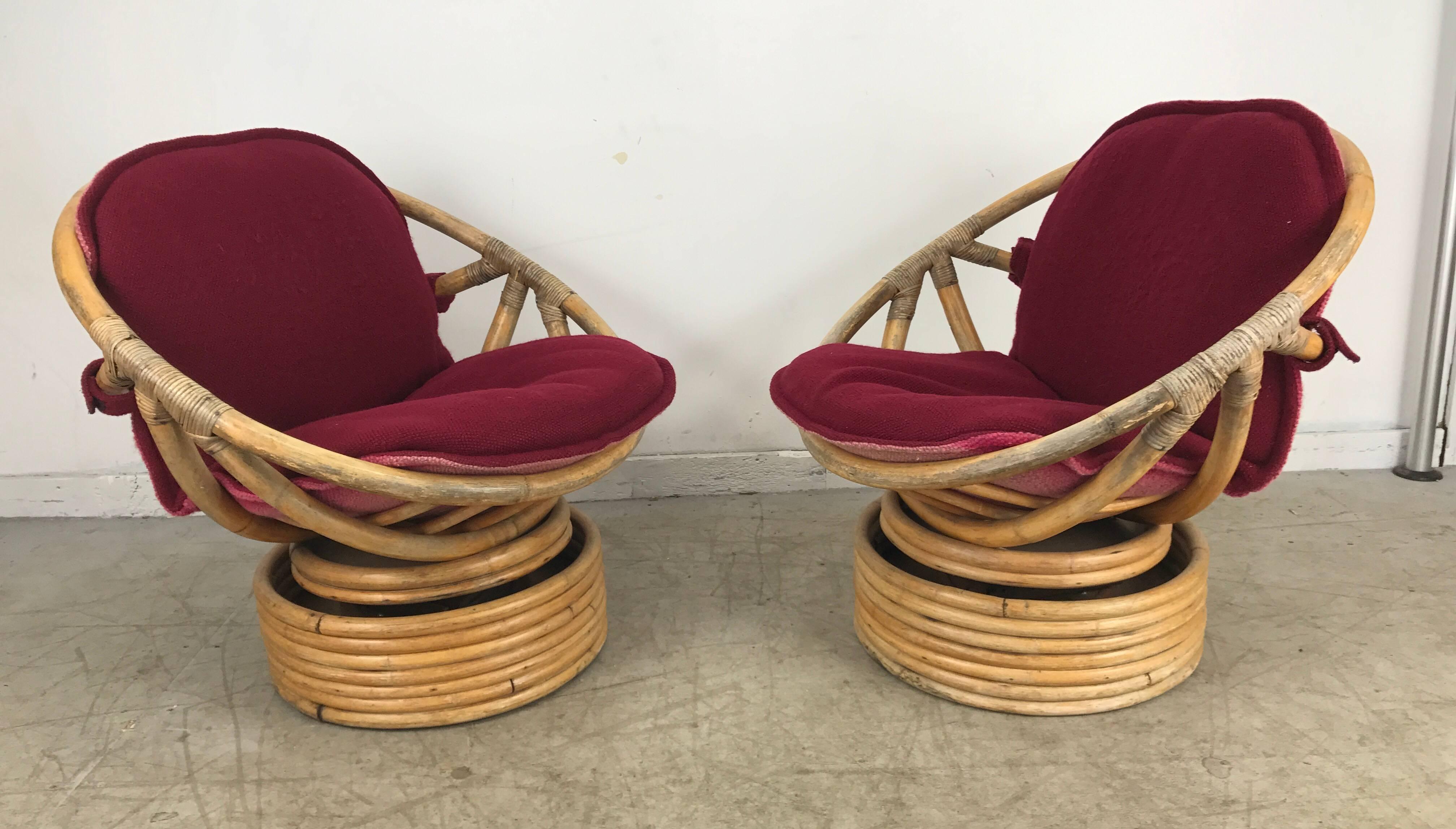 American Pair of Modernist Bamboo Tilt/Swivel Platform Hoop Chairs by Calif-asia