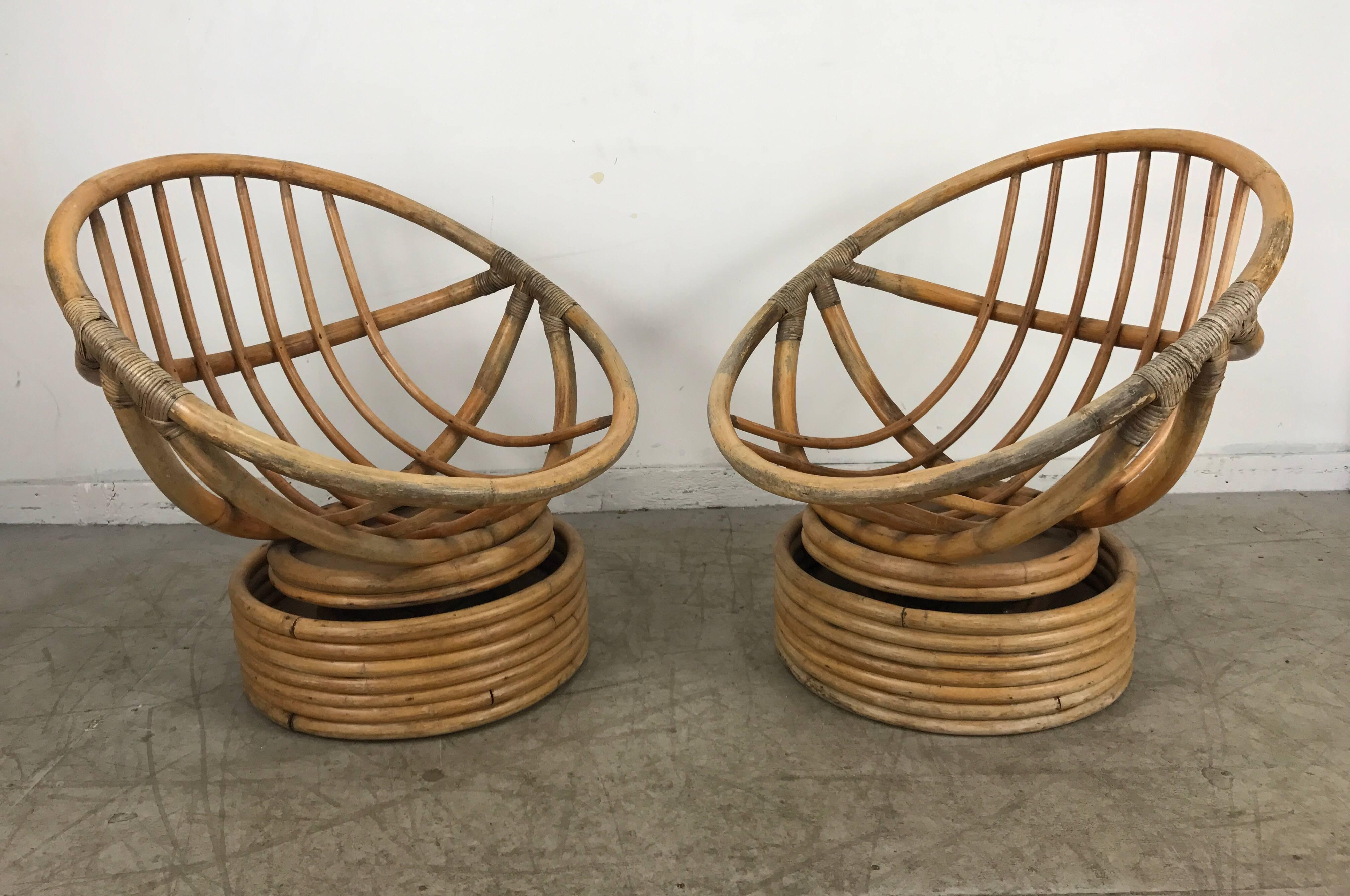 Mid-Century Modern Pair of Modernist Bamboo Tilt/Swivel Platform Hoop Chairs by Calif-asia