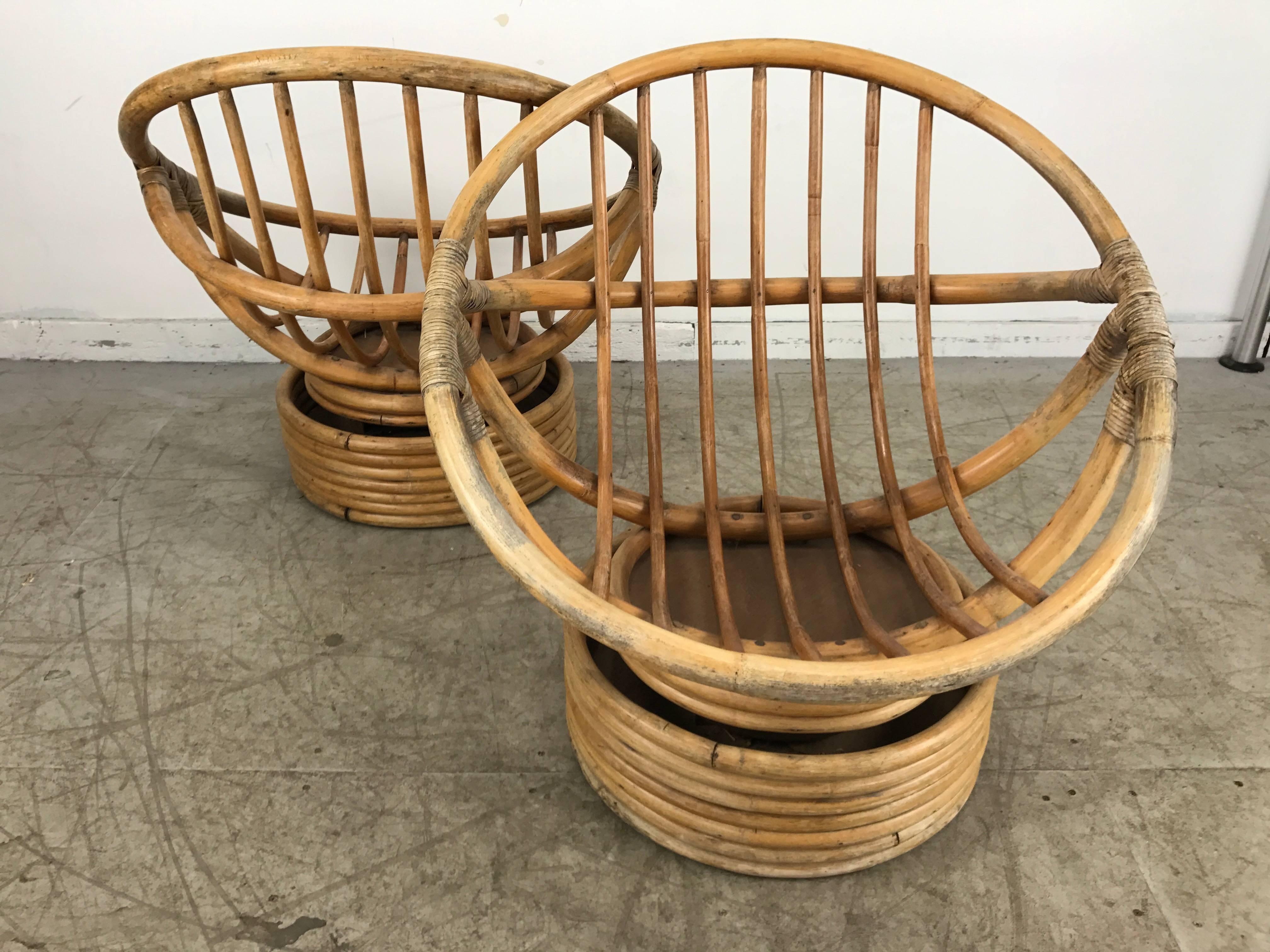 Pair of Modernist Bamboo Tilt/Swivel Platform Hoop Chairs by Calif-asia In Good Condition In Buffalo, NY