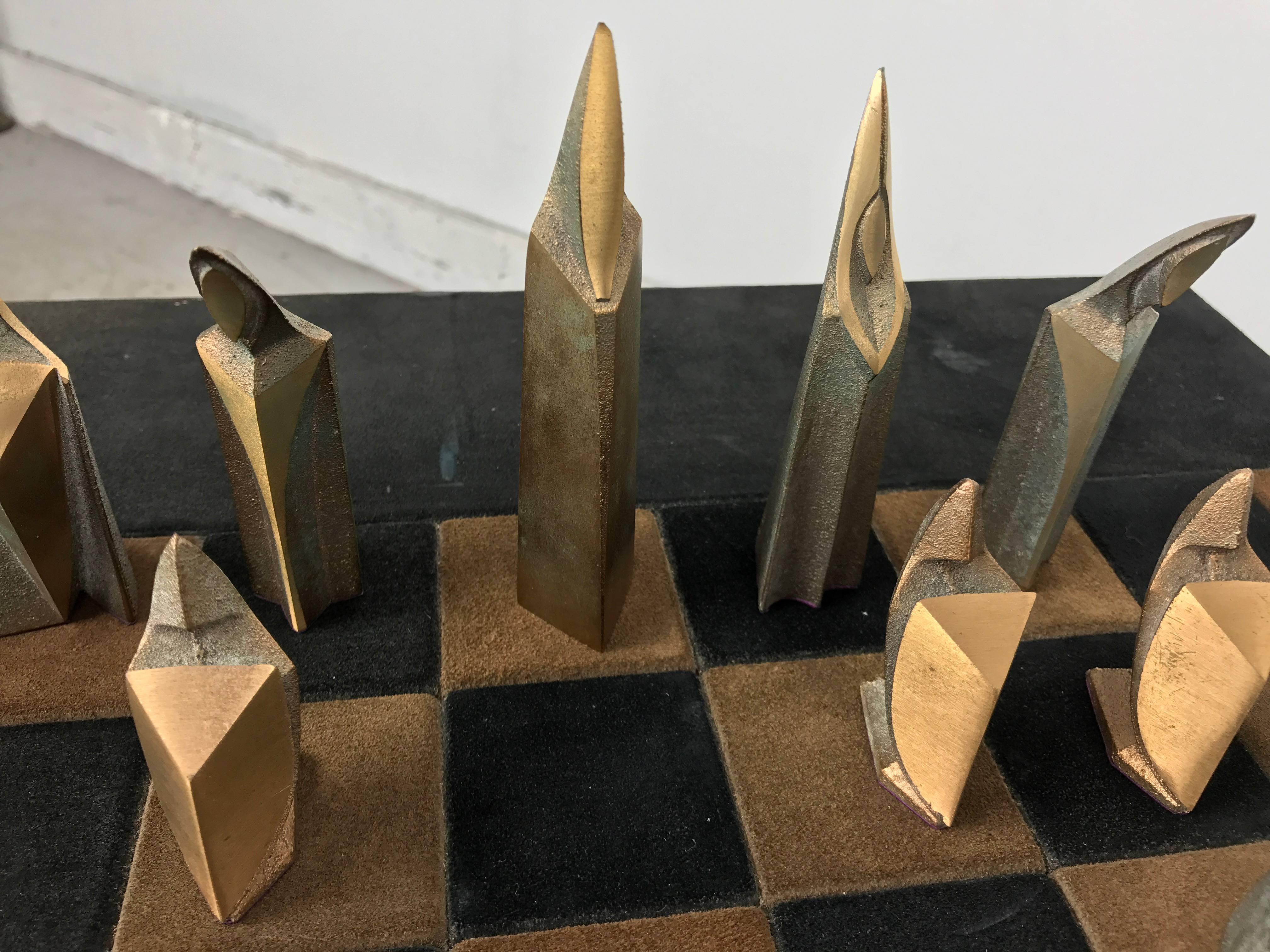 Mid-Century Modern Bronze and Suede Chess Set, Cubist, Art Deco In Good Condition In Buffalo, NY