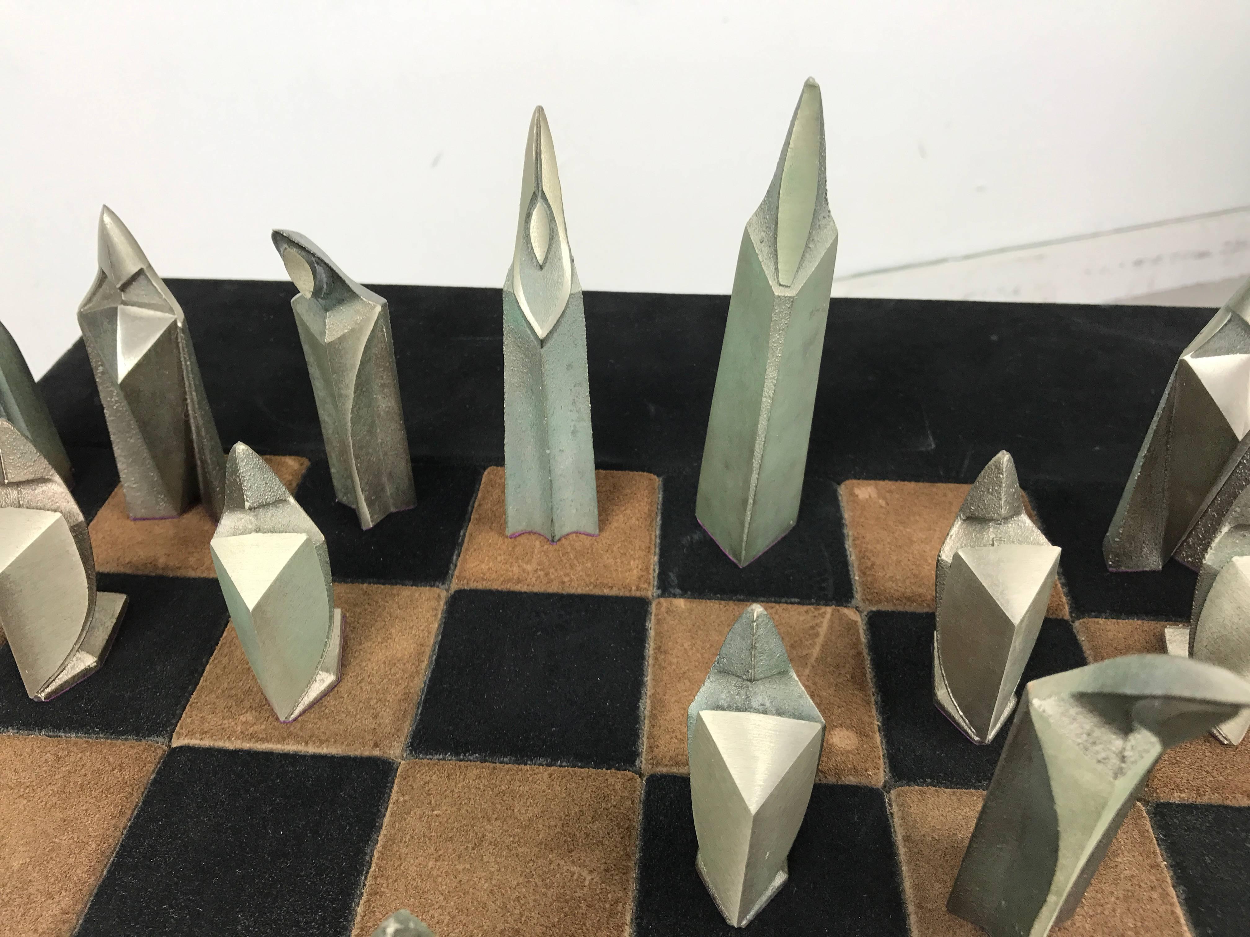 20th Century Mid-Century Modern Bronze and Suede Chess Set, Cubist, Art Deco