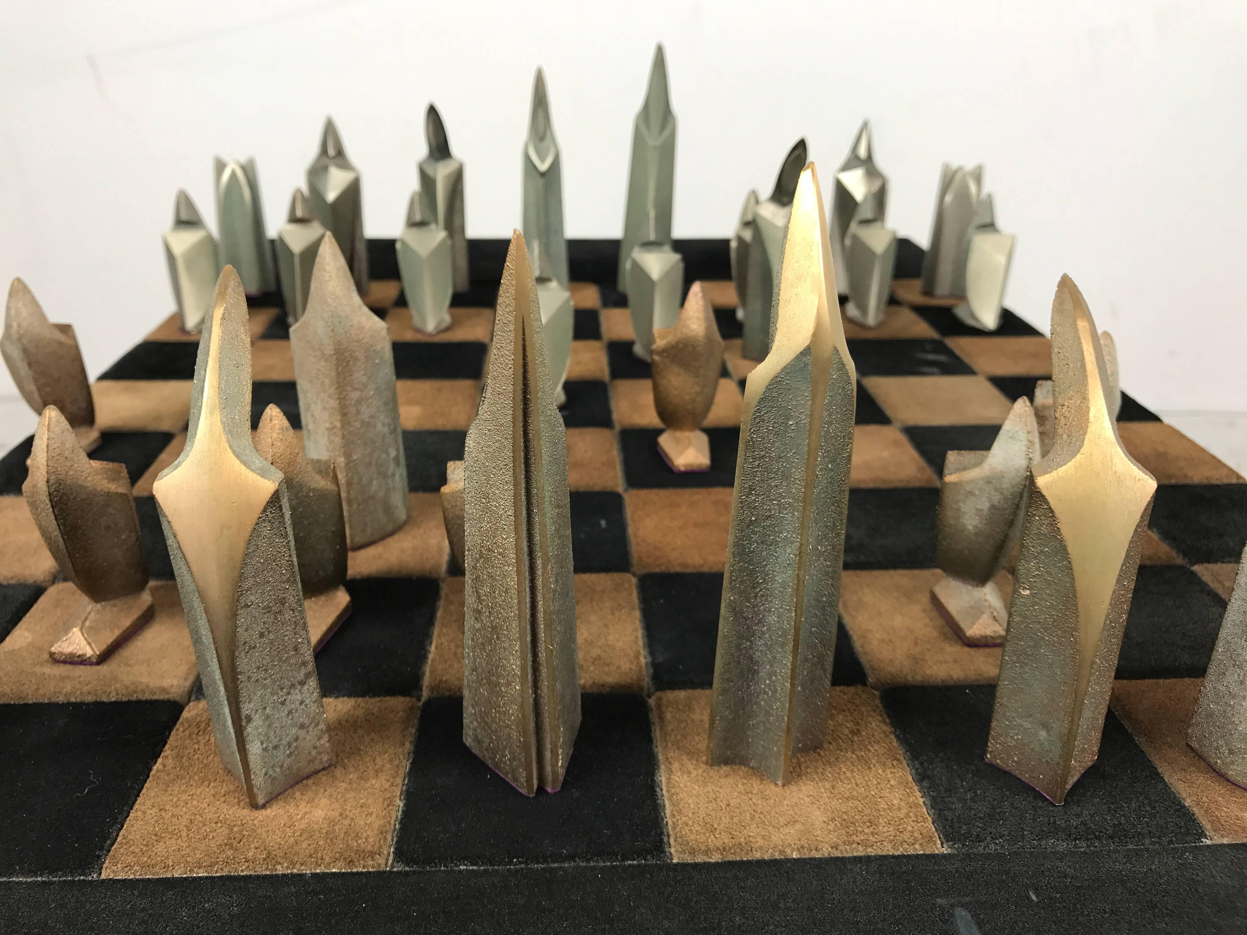 Mid-Century Modern Bronze and Suede Chess Set, Cubist, Art Deco 1