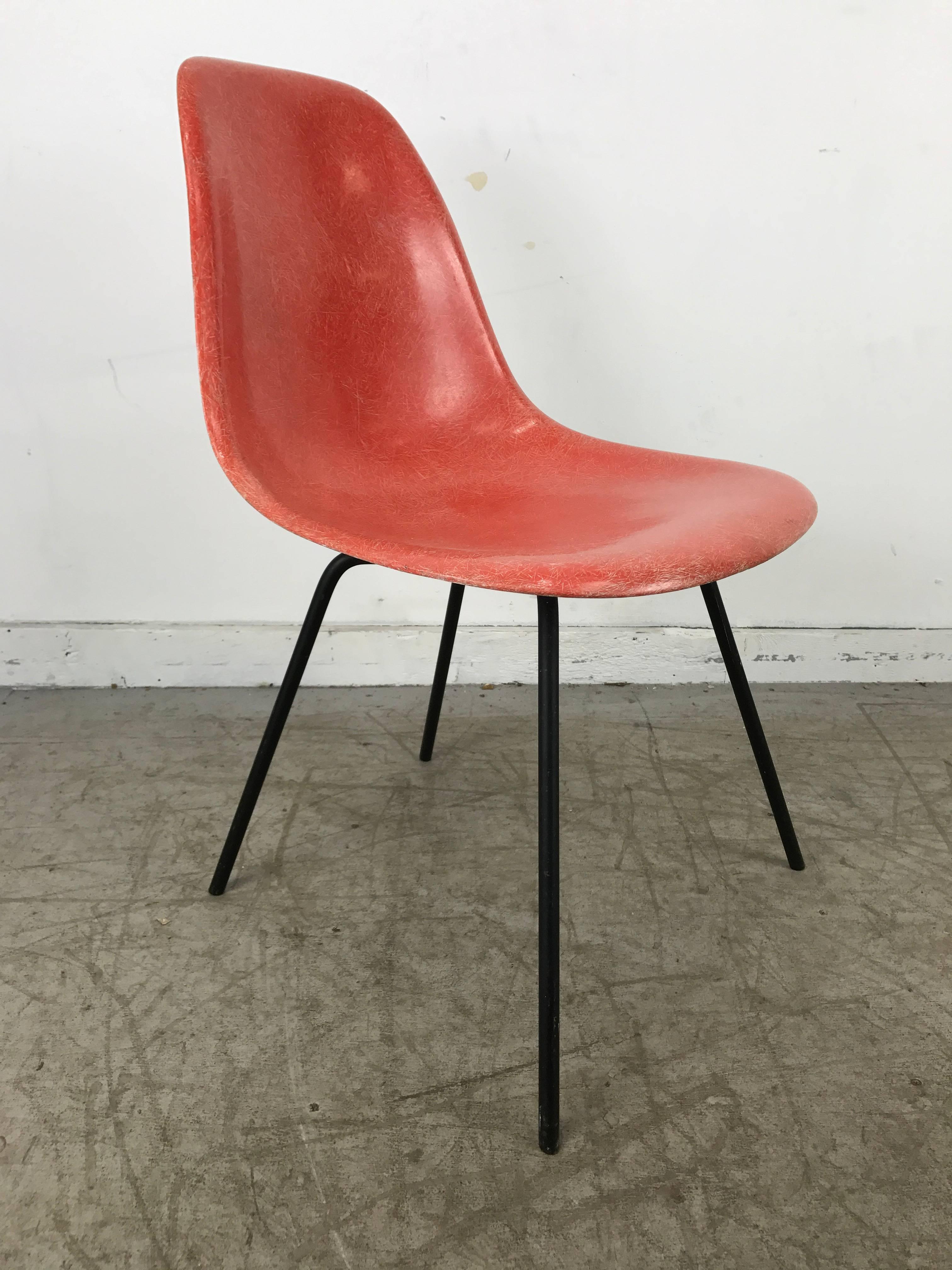 Classic fiberglass side shell chair (scoop) designed by Charles and Ray Eames, early production featuring unusual salmon color shell exposed fibers and early 