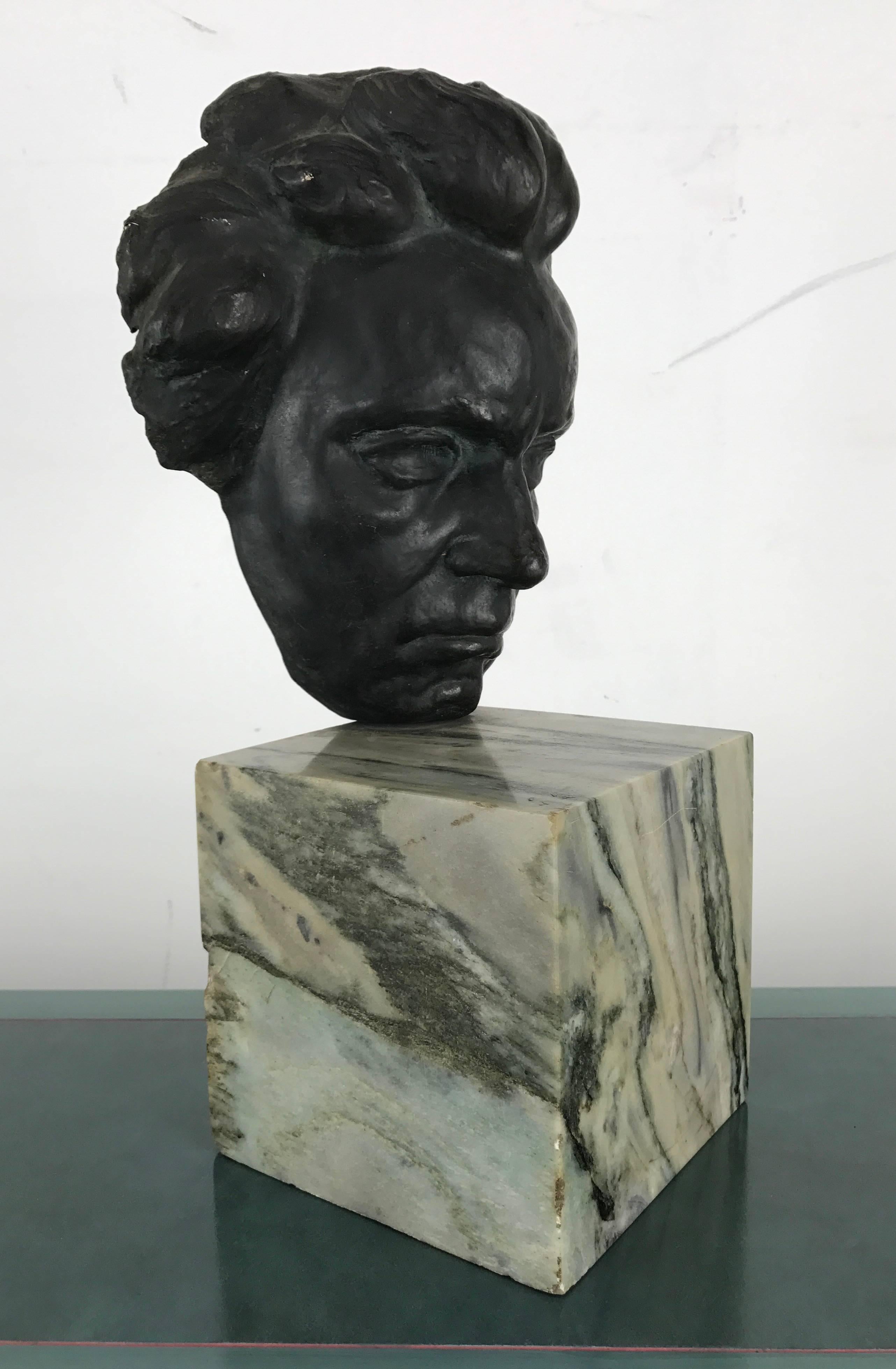Cast Bronze and Marble Head of Beethoven Sculpture