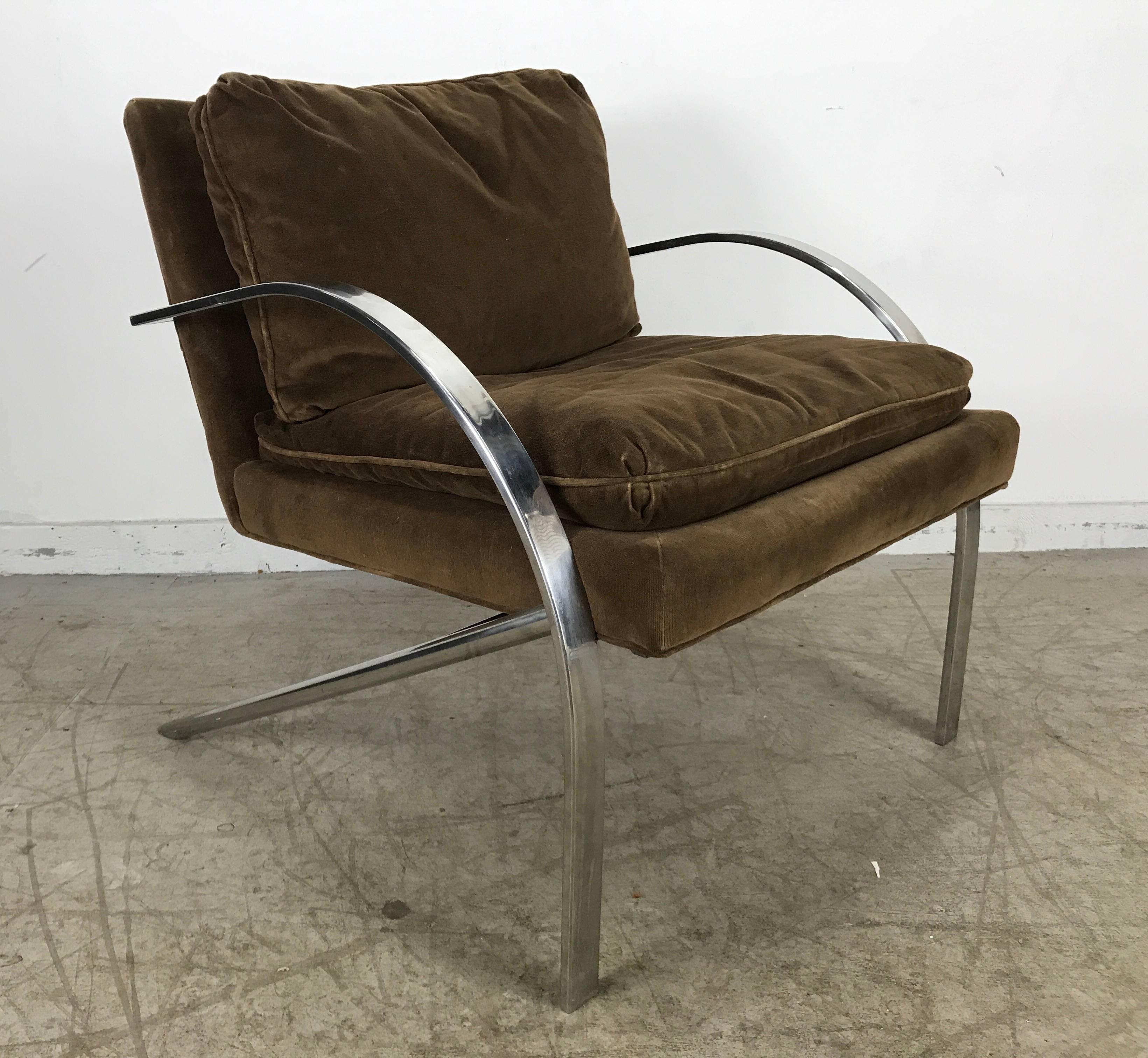 Striking Minimalist aluminium frame with contrasting chocolate brown velvet upholstery. 

Superior quality that Bernhardt is recognized for. Exquisitely crafted welded joints. 

Extremely comfortable.