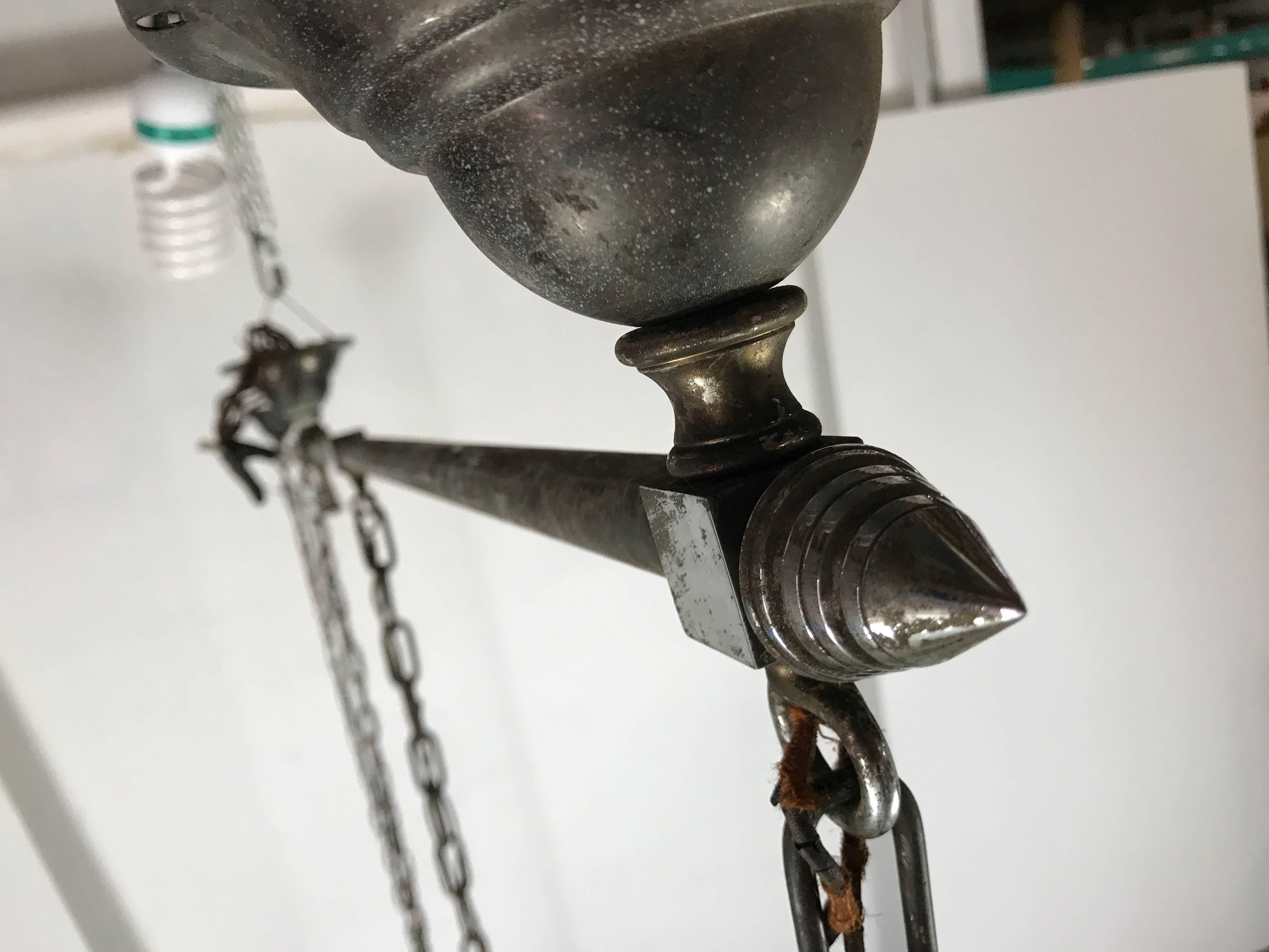 Metal 1920s Bronze and Nickel Billiard Light Fixture, Art Deco Finials