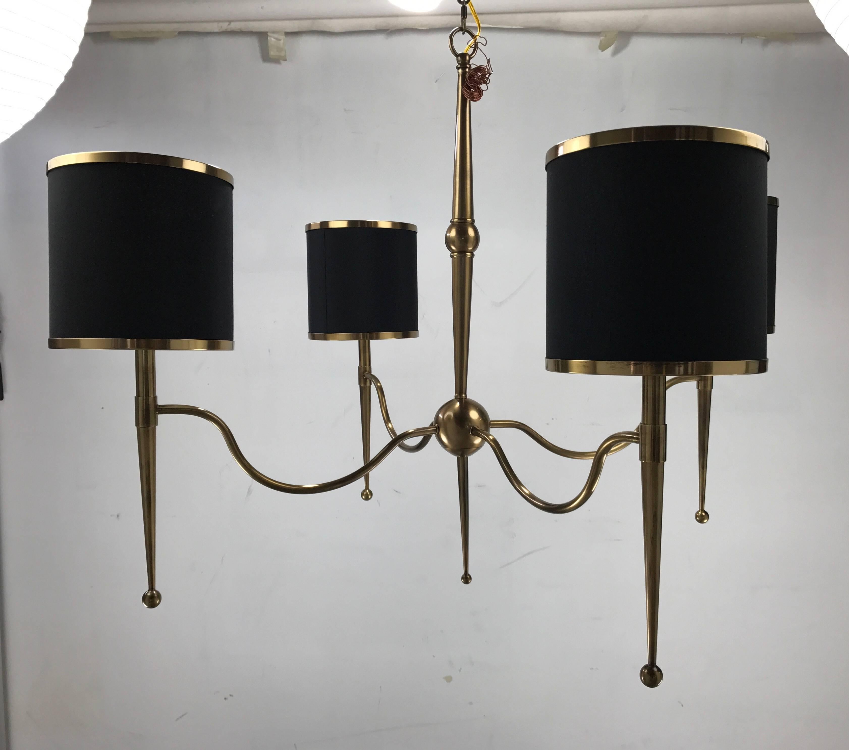Elegant Contemporary Four-Arm Brass Pendant /Chandelier, Manner of Parzinger In Excellent Condition In Buffalo, NY