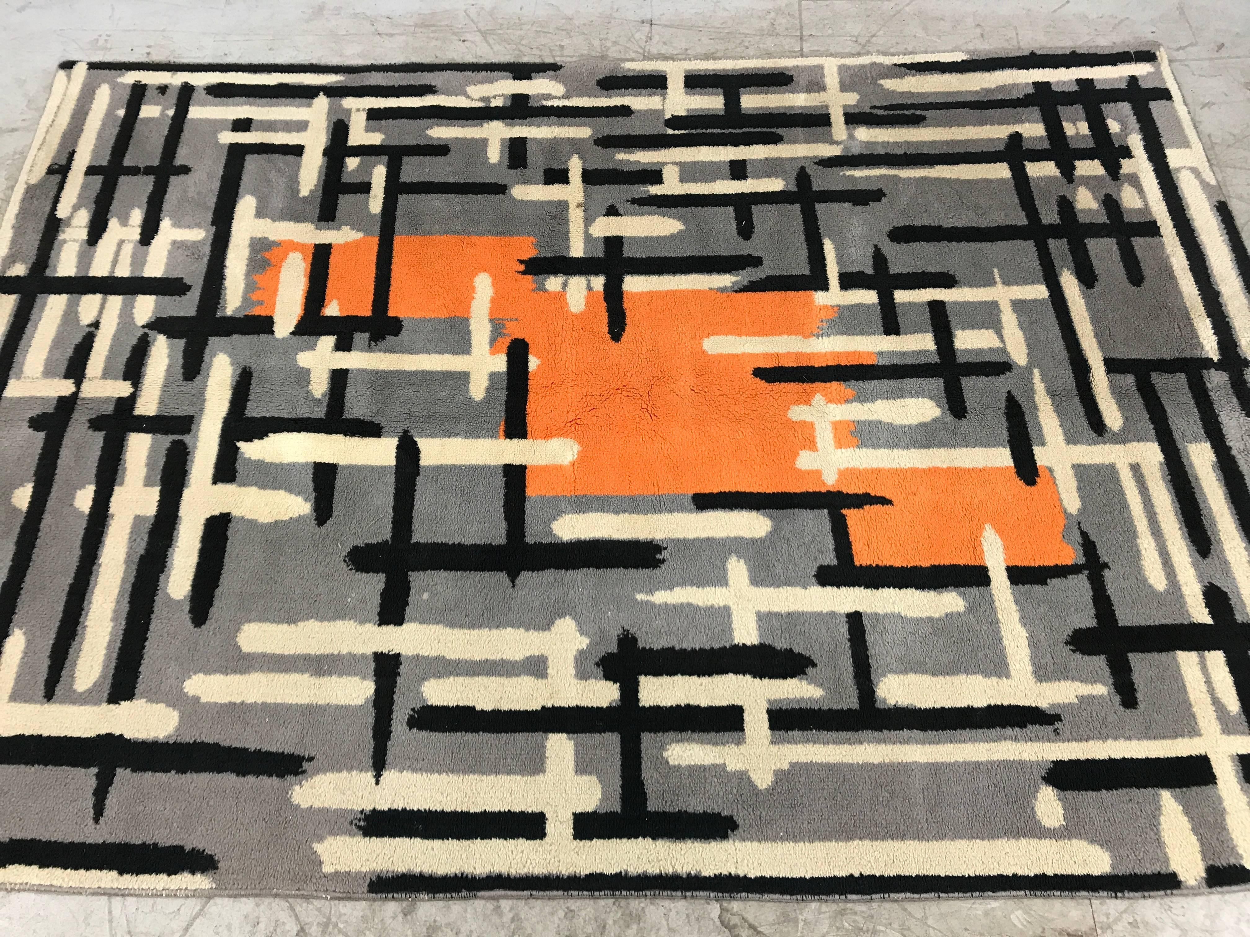 Rare French modernist all wool rug, abstract field/pattern by Jacques Borker, amazing color and field, nice original condition, retains original label (see photo).