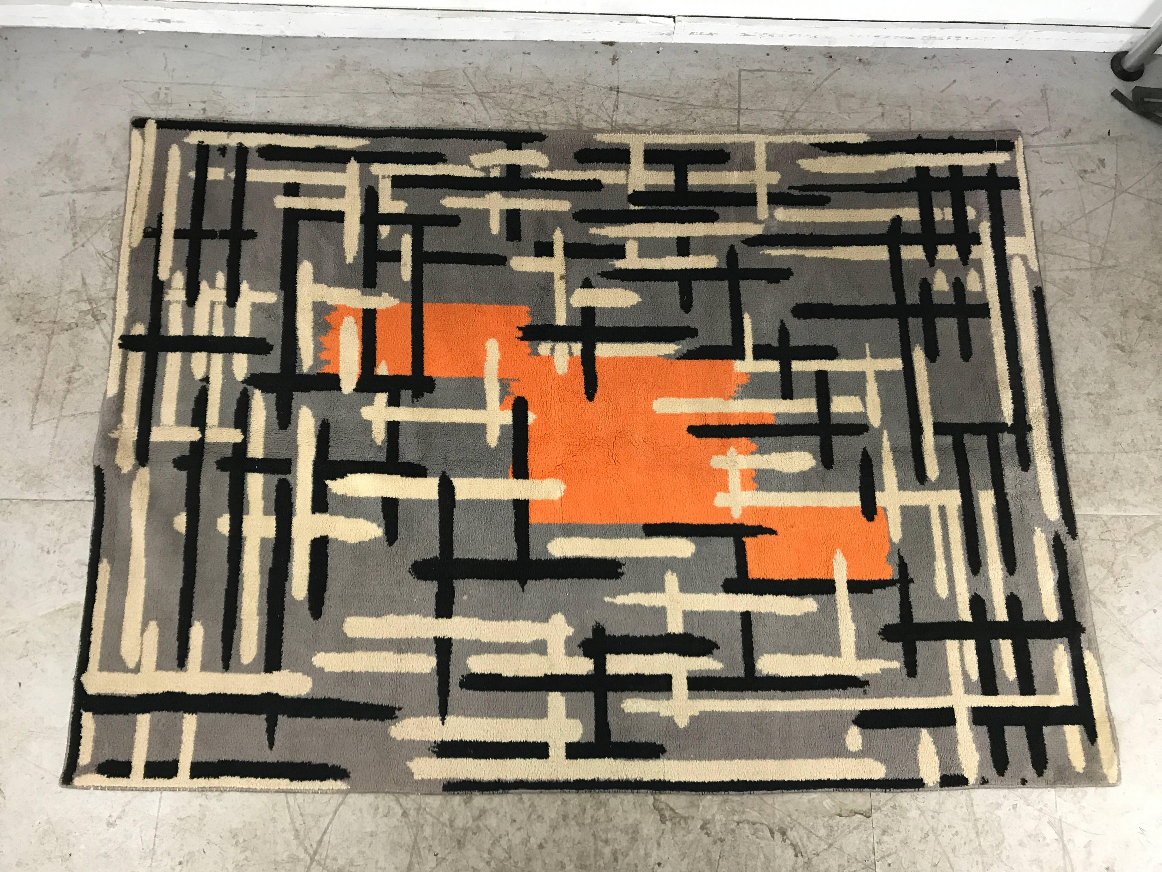 Woven Rare French Modernist All Wool Rug, Abstract Field/Pattern by Jacques Borker