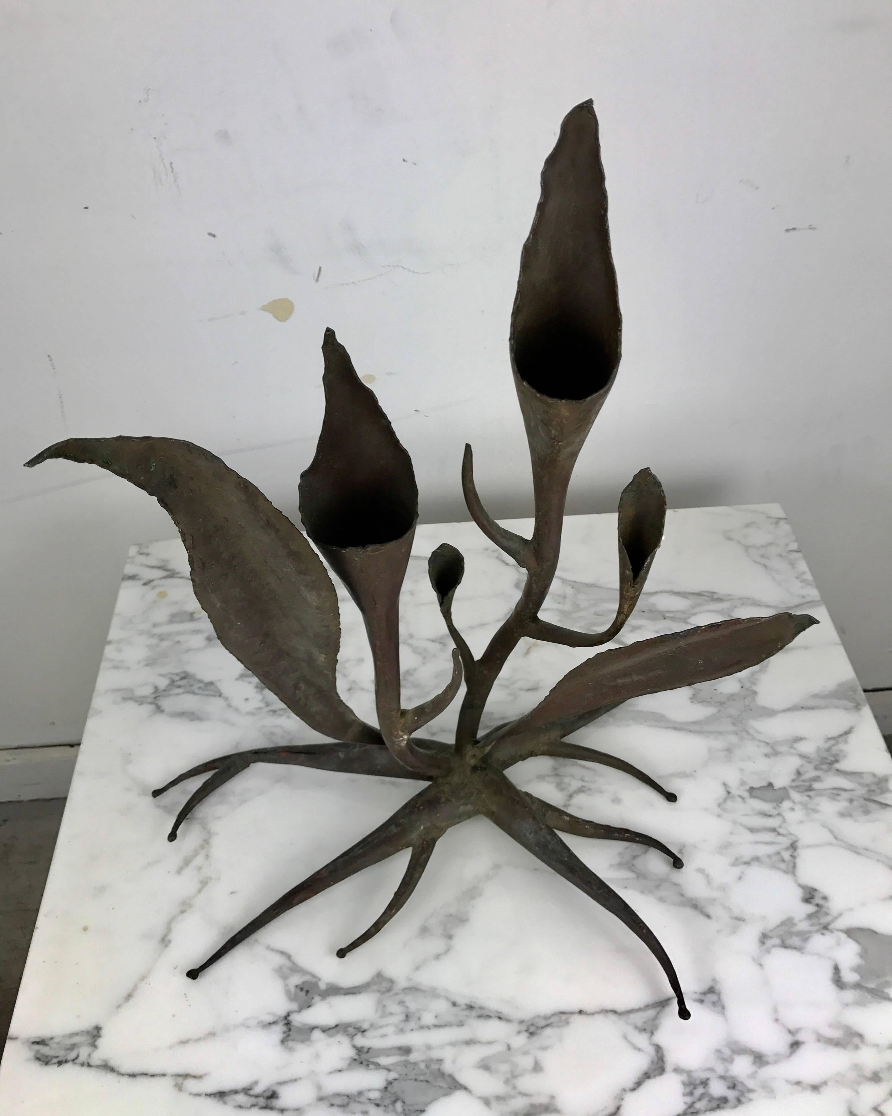 Organic modernist bronzed copper handmade candelabrum. Wonderful form, patina.