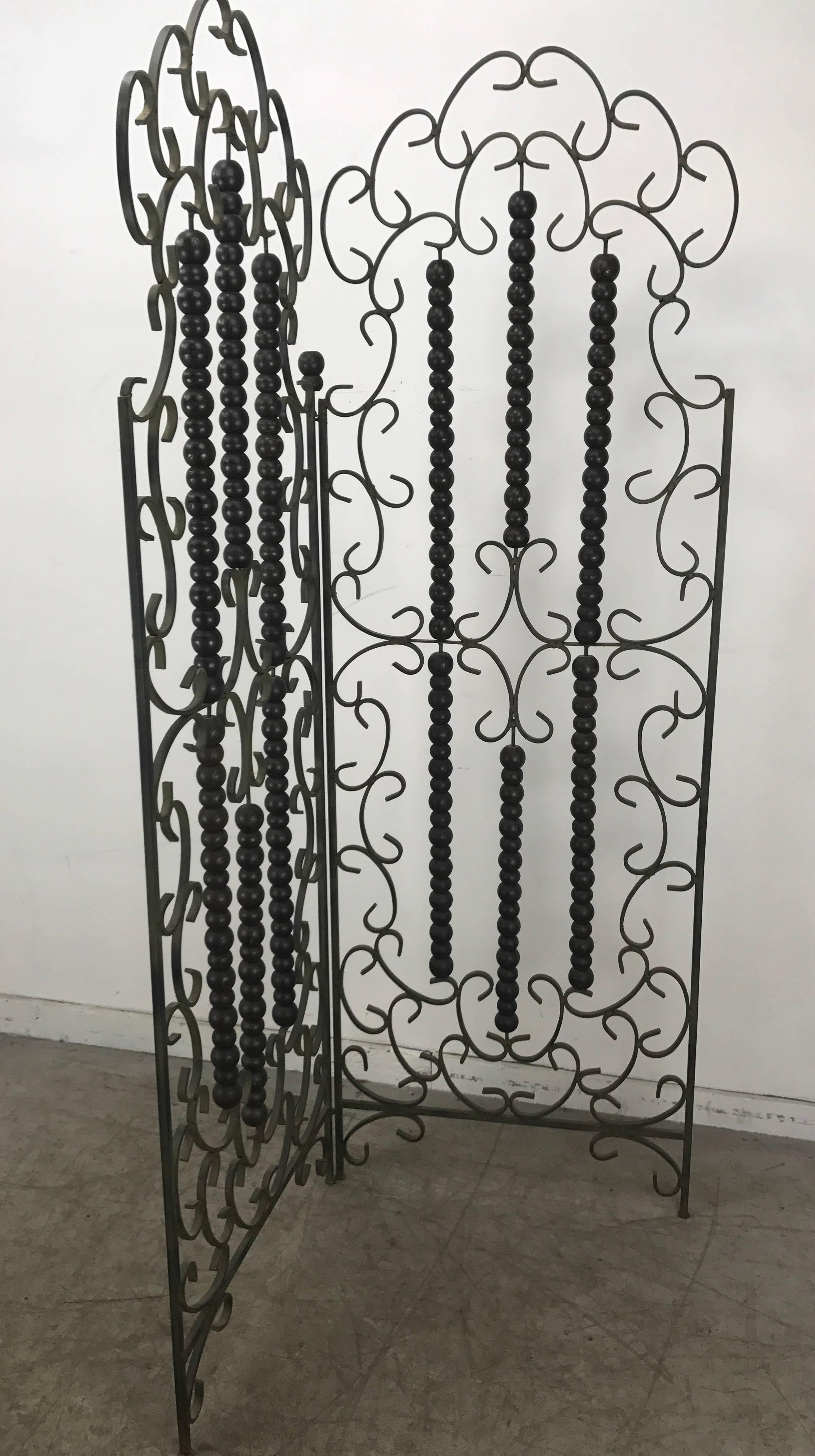 American Wrought Iron and Wood Mediterranean Modern Folding Screen or Divider For Sale