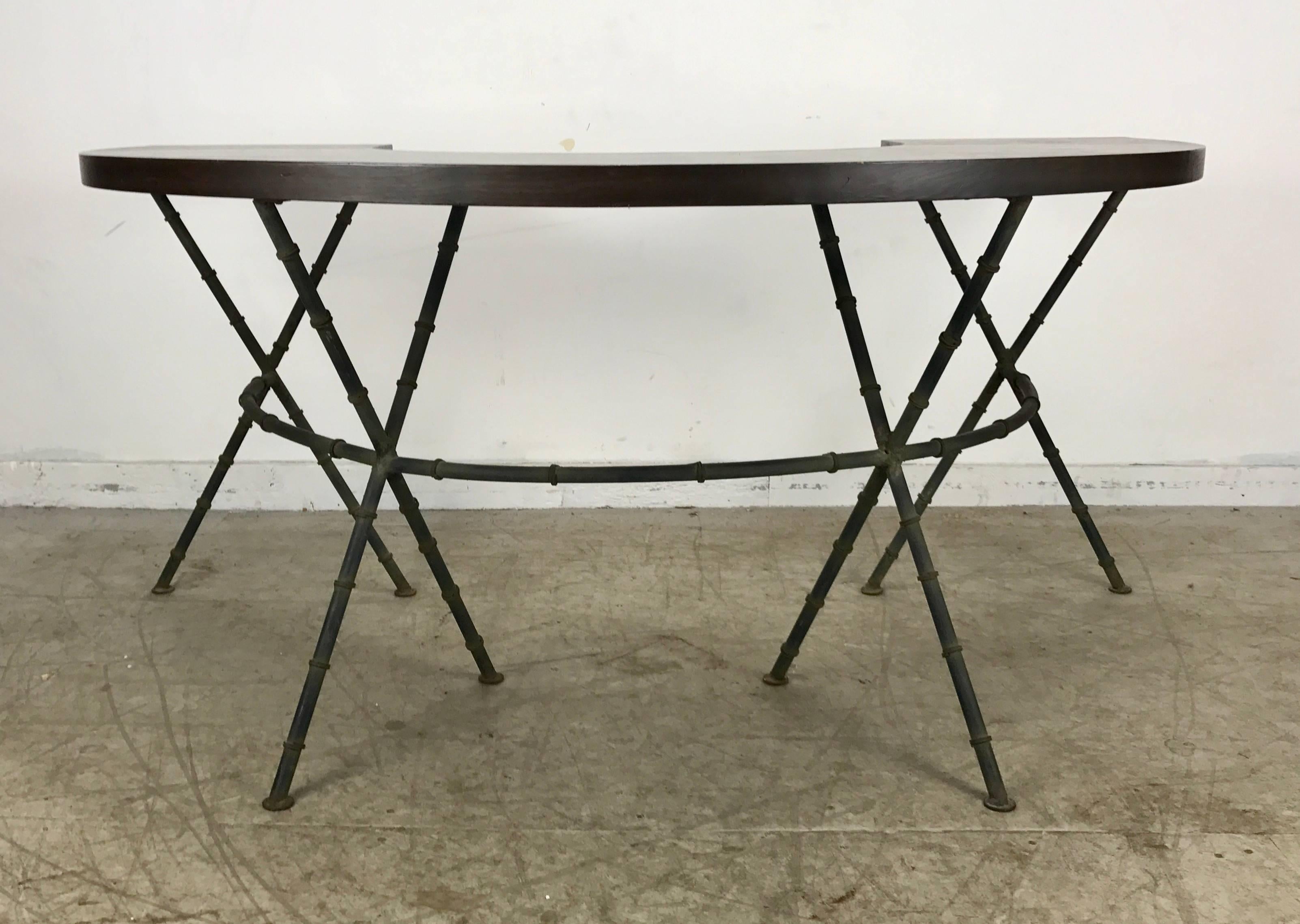 Half circle faux bamboo desk / wine tasting table manner of Jacques Adnet. Stunning design, wonderful Verde green bronzed patina. Hand delivery available to New York City or anywhere en route from Buffalo, NY.