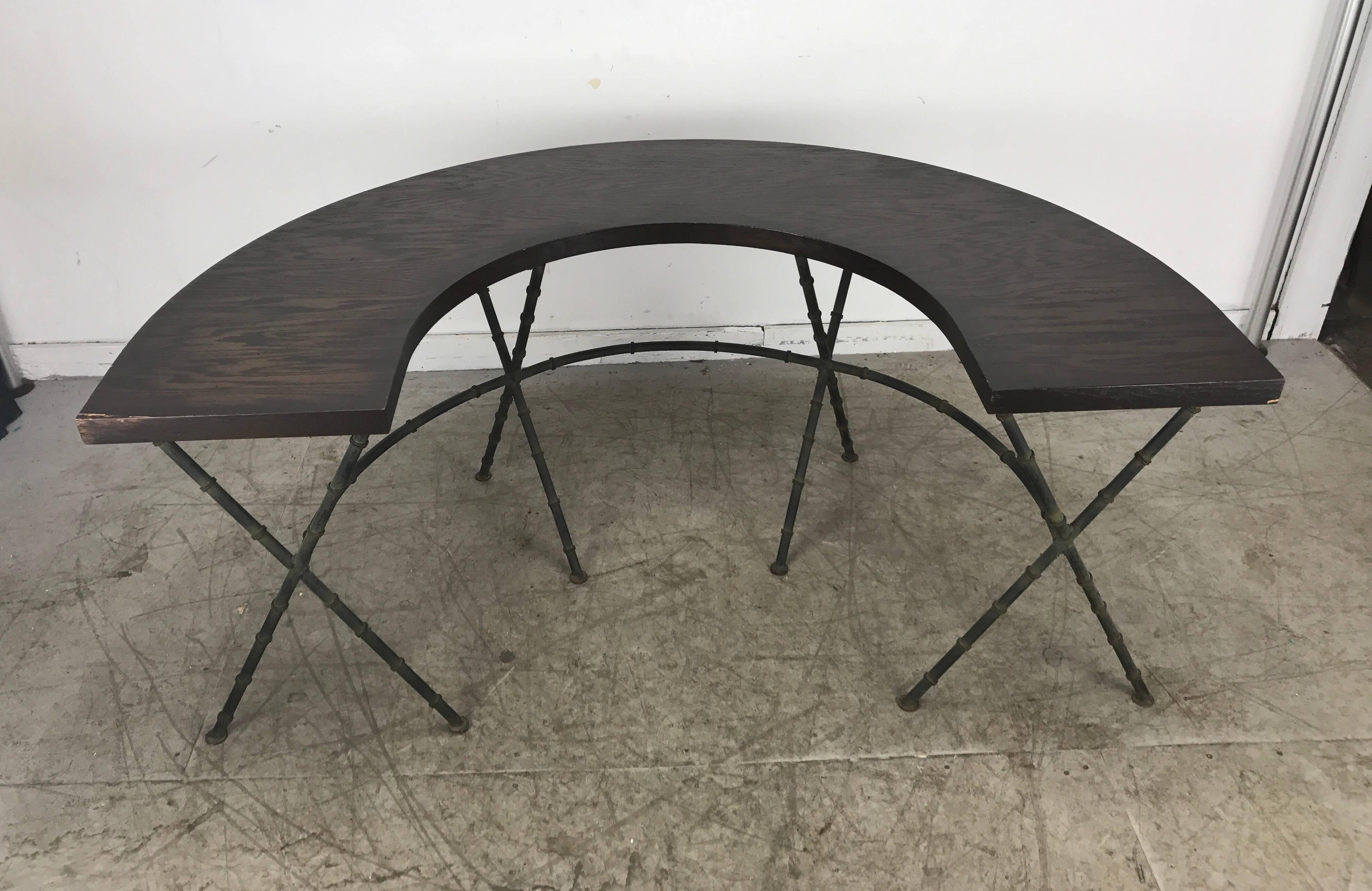 Half Circle Faux Bamboo Desk / Wine Tasting Table Manner of Jacques Adnet In Good Condition In Buffalo, NY