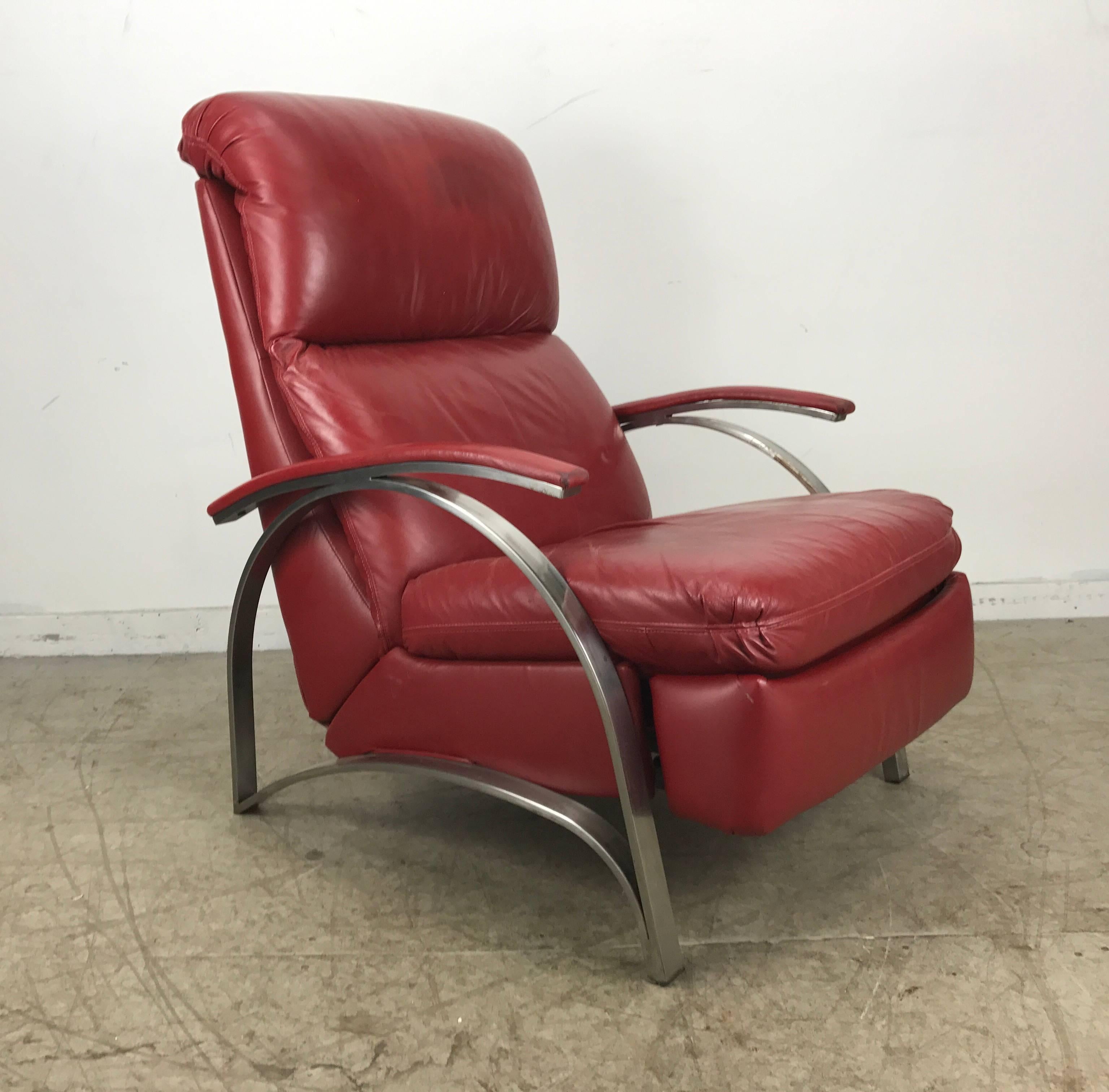 Mid-Century Modern Contemporary Red Leather and Chrome Three Position Reclining Lounge Chair