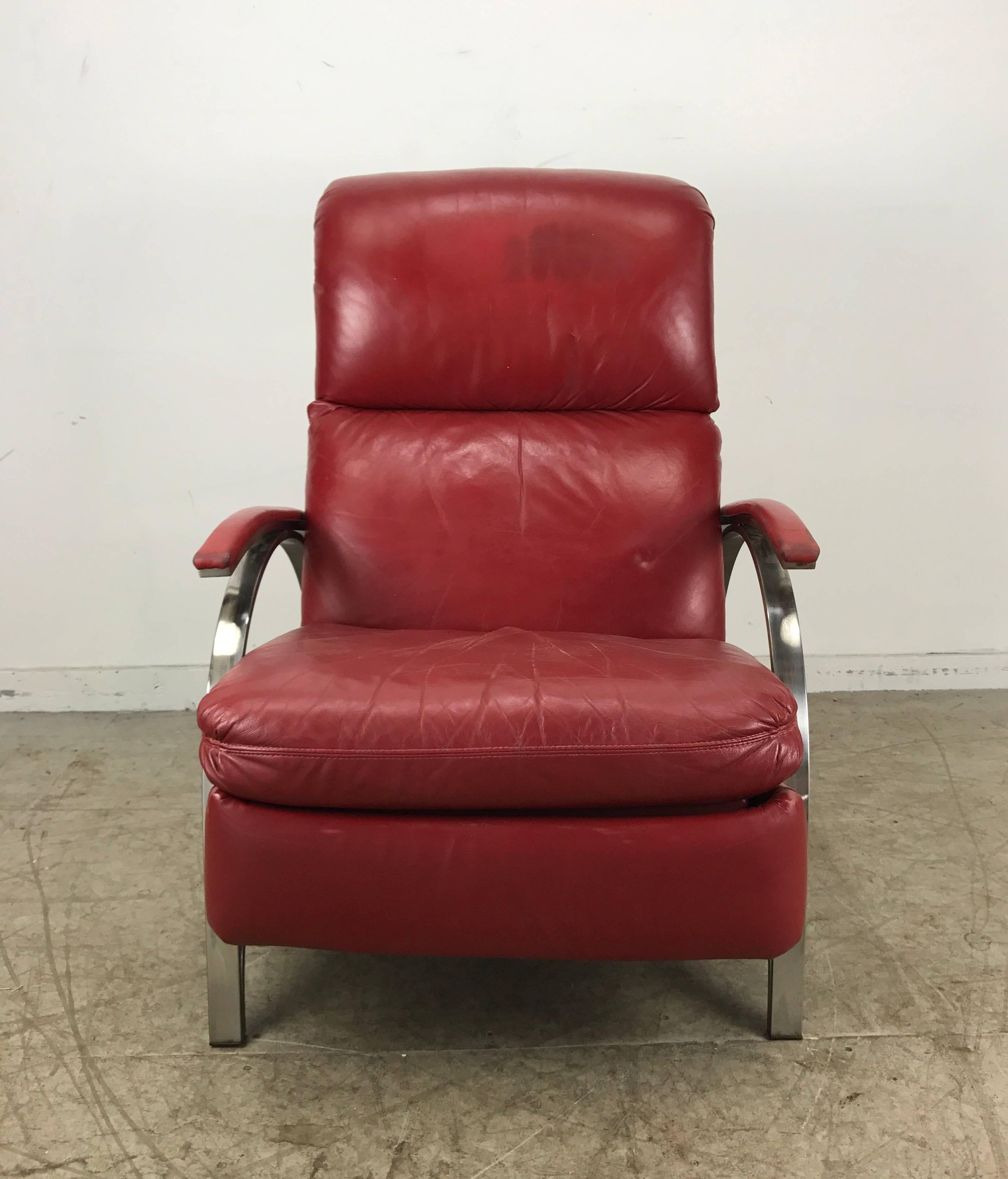 American Contemporary Red Leather and Chrome Three Position Reclining Lounge Chair