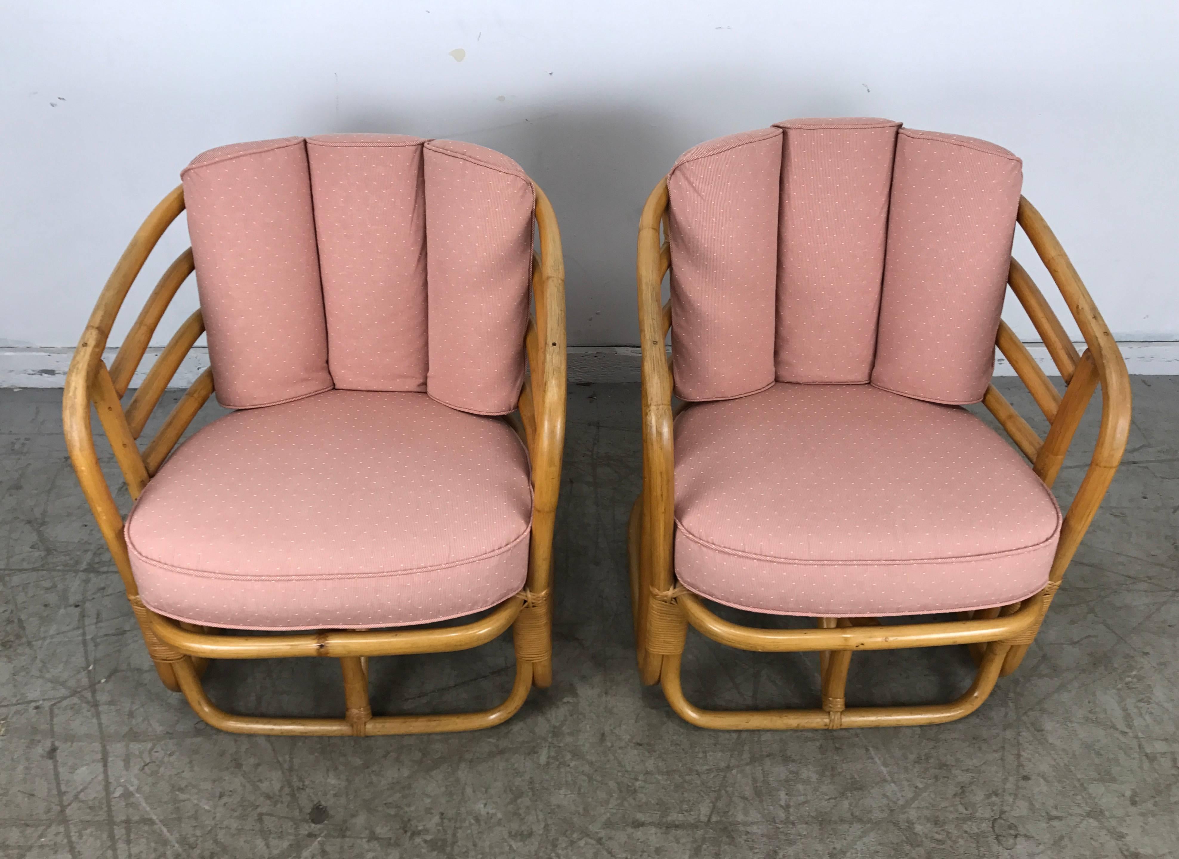 Pair of Art Deco bamboo armchairs by Ritts Tropitan Las Angeles Ca. Attributted to Paul Frankl, stunning pair of club or armchairs, bamboo frames in excellent original condition, Seat and channel back cushions reupholstered in a pink silk moire,