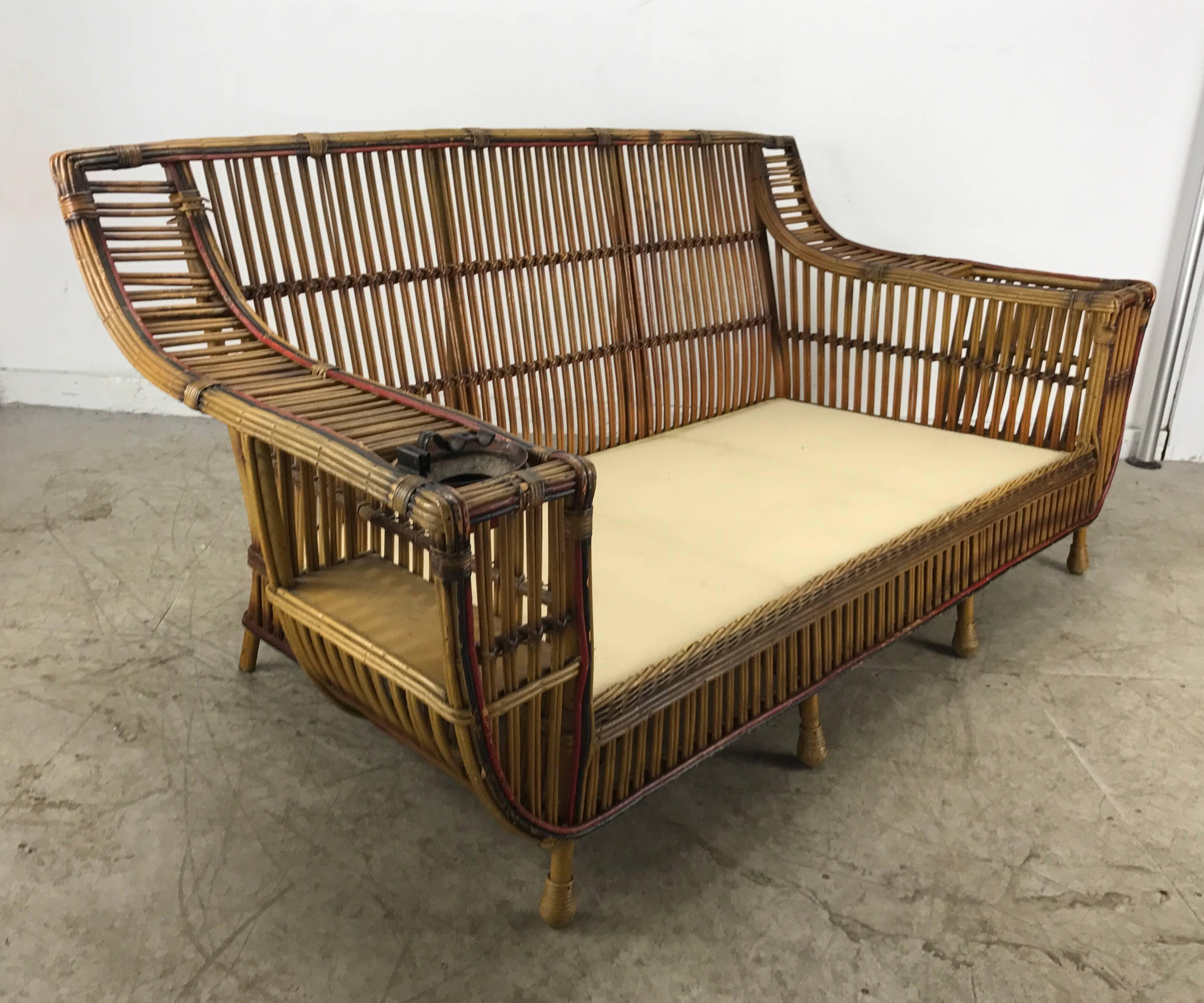 Painted Art Deco Split Reed / Stick Wicker Three-Seat Sofa by Niagara Reedcraft Inc