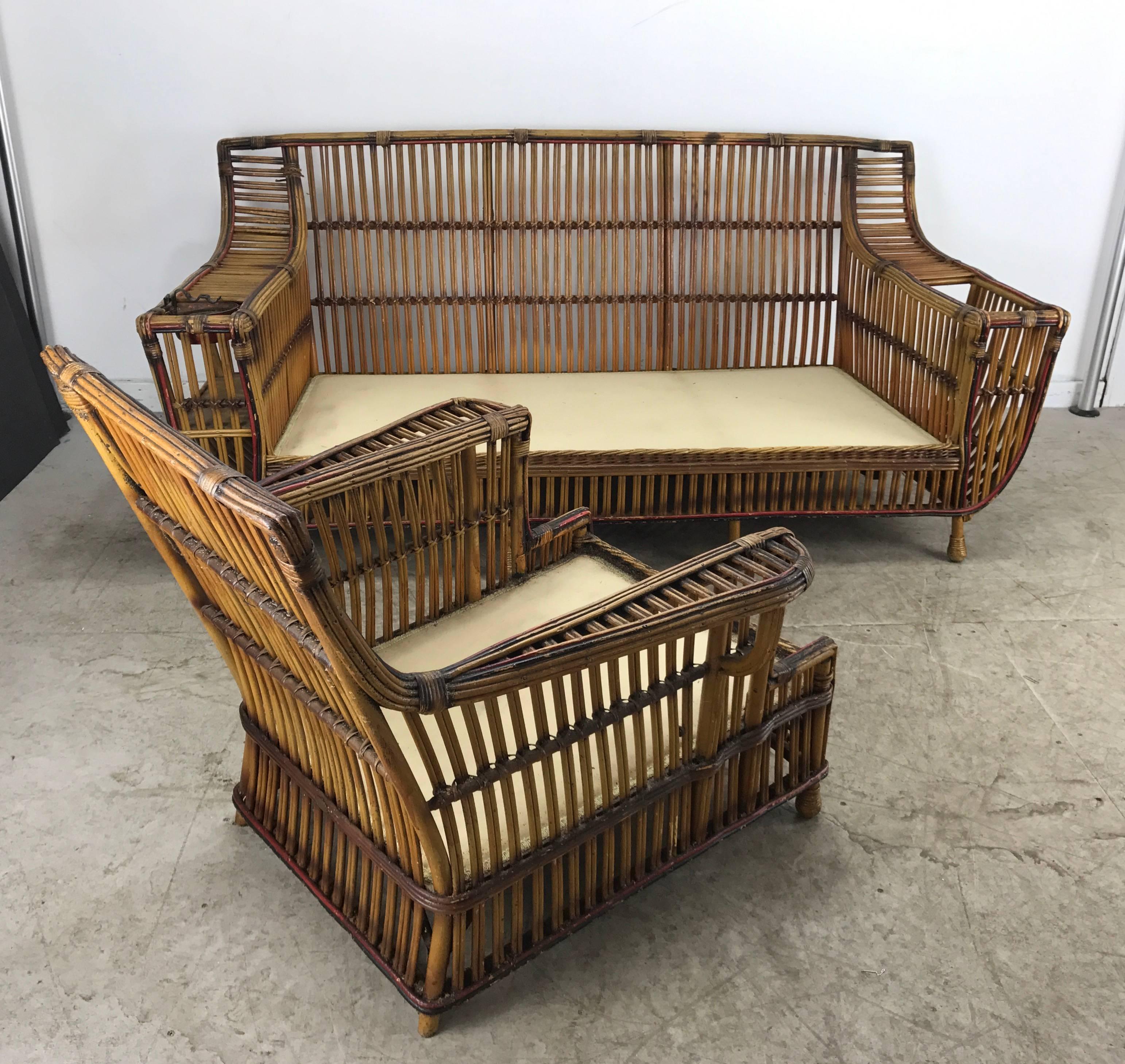 Art Deco Split Reed / Stick Wicker Three-Seat Sofa by Niagara Reedcraft Inc 1