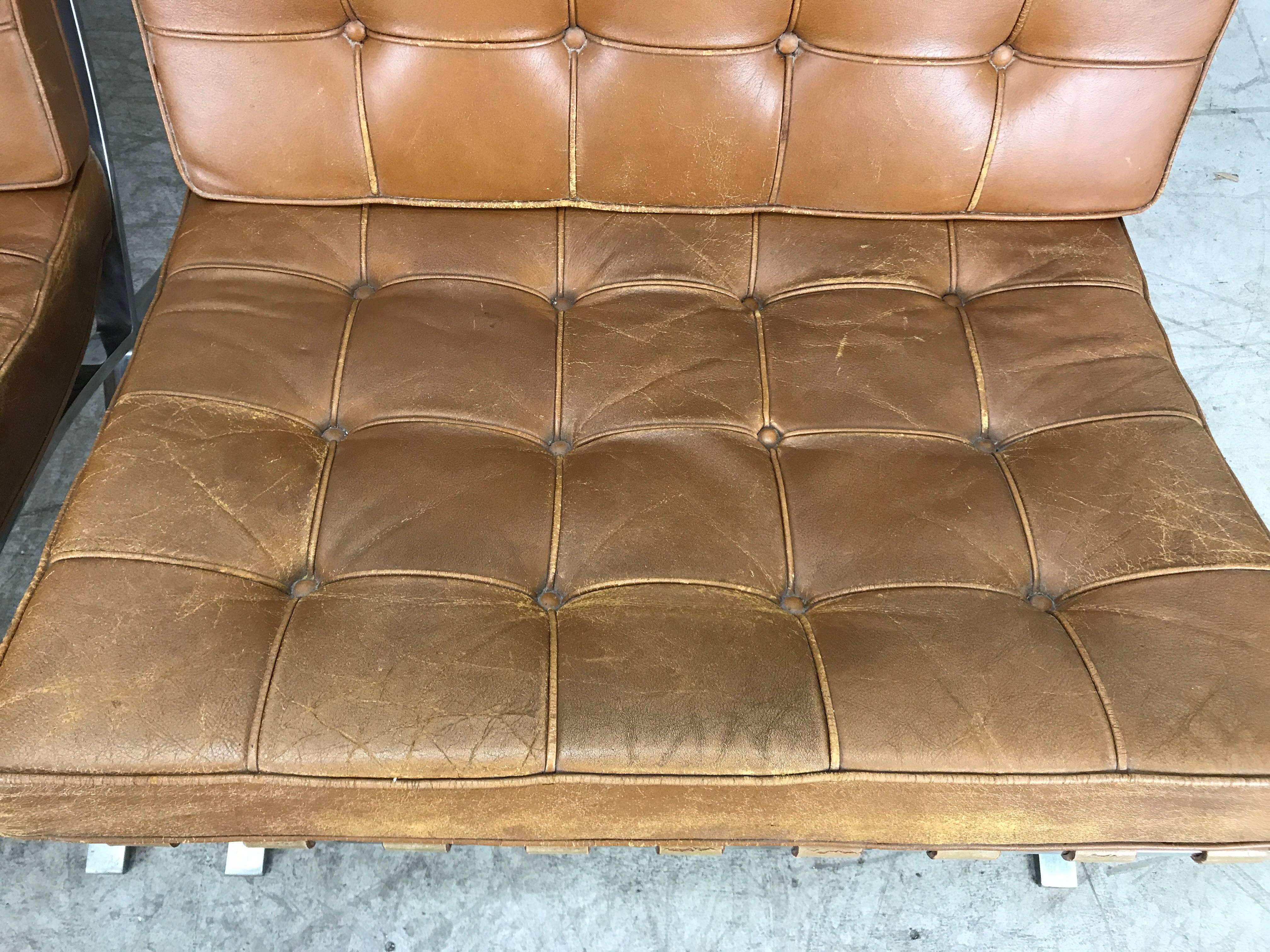 Pair of Knoll Barcelona Chairs Tan Leather 1960s Mies van der Rohe In Good Condition In Buffalo, NY