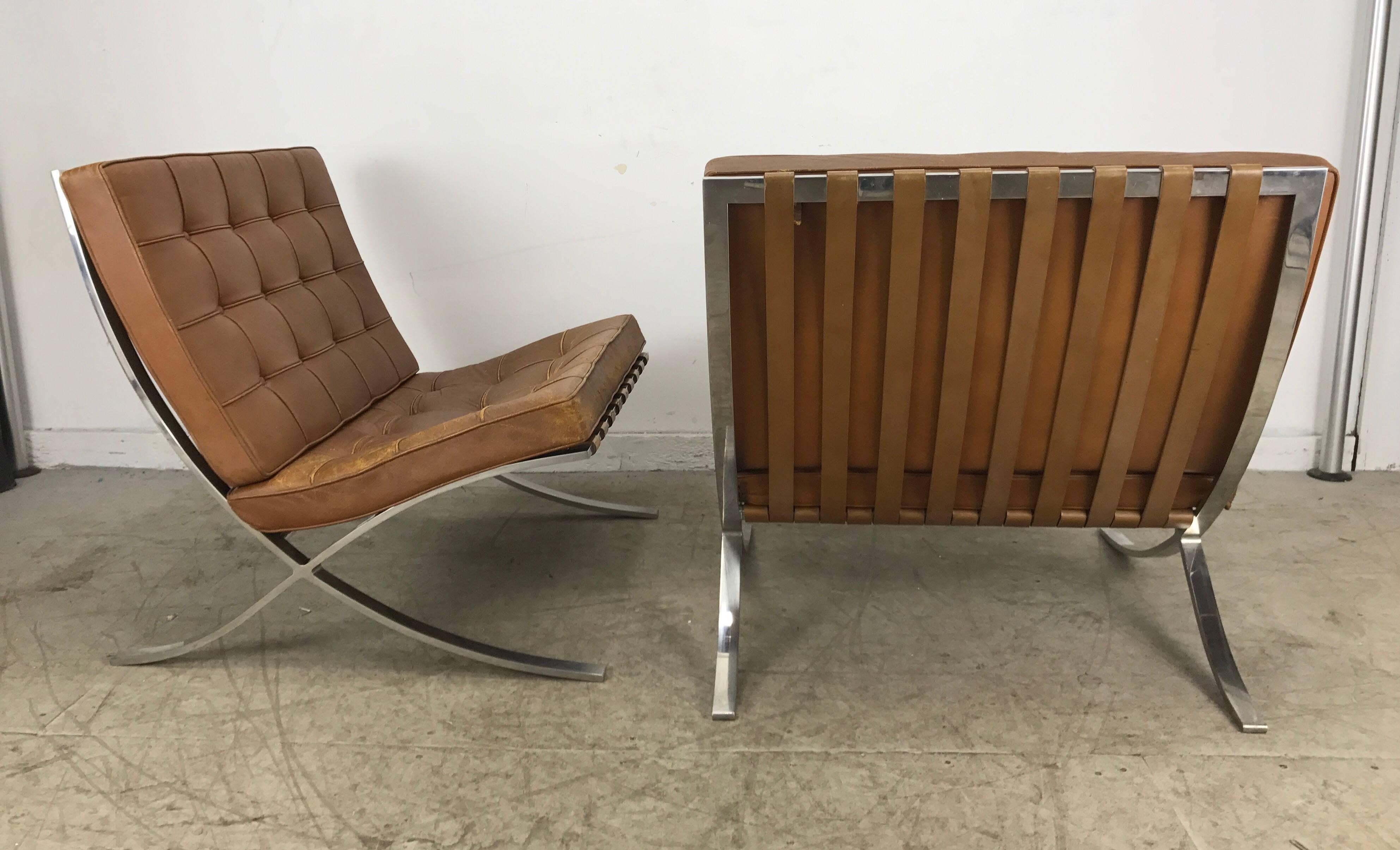 Bauhaus Pair of Knoll Barcelona Chairs Tan Leather 1960s Mies van der Rohe