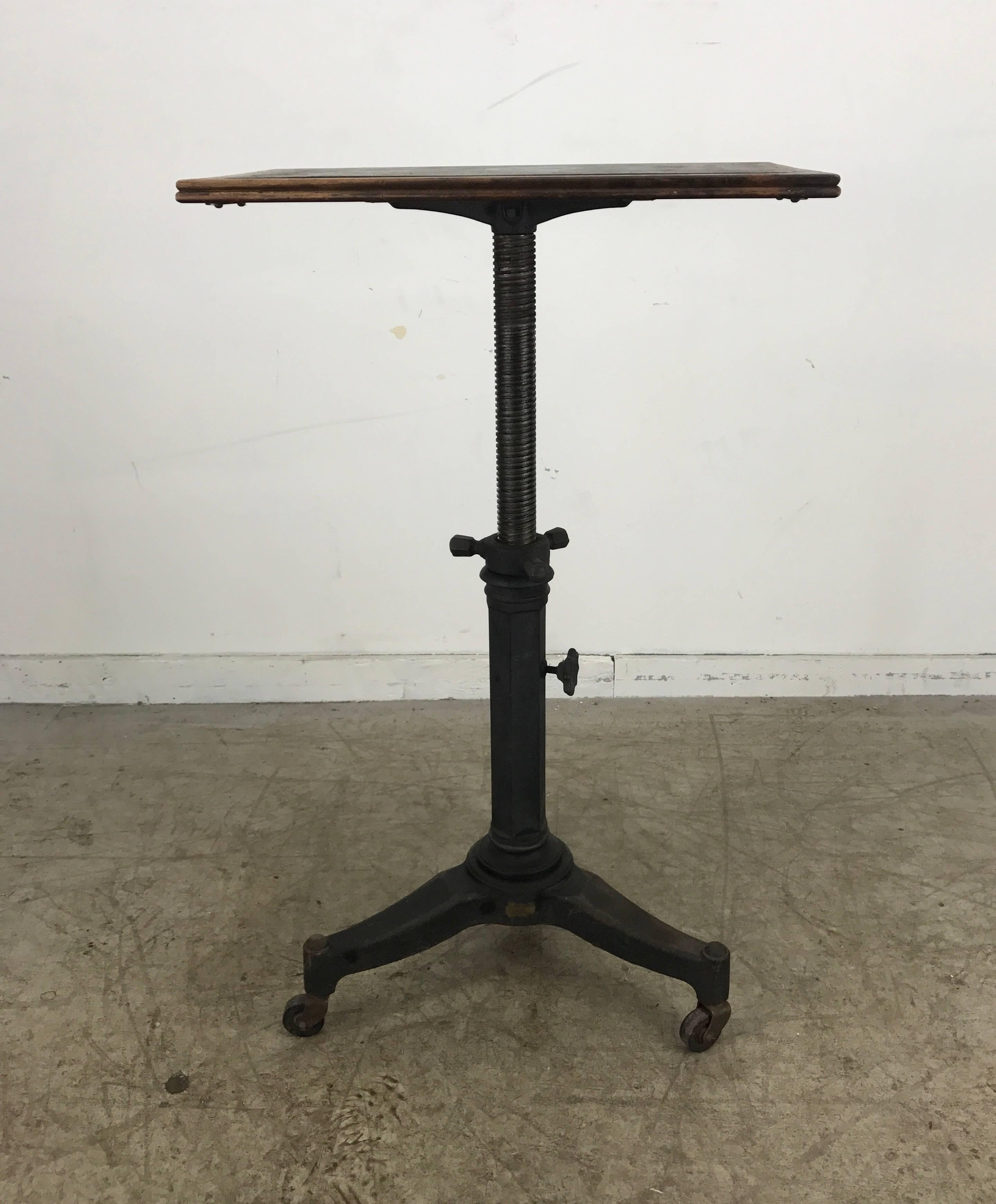 Telescopic Cast Iron and Wood Table/Stand, Karl Manufacturing Co. In Distressed Condition In Buffalo, NY