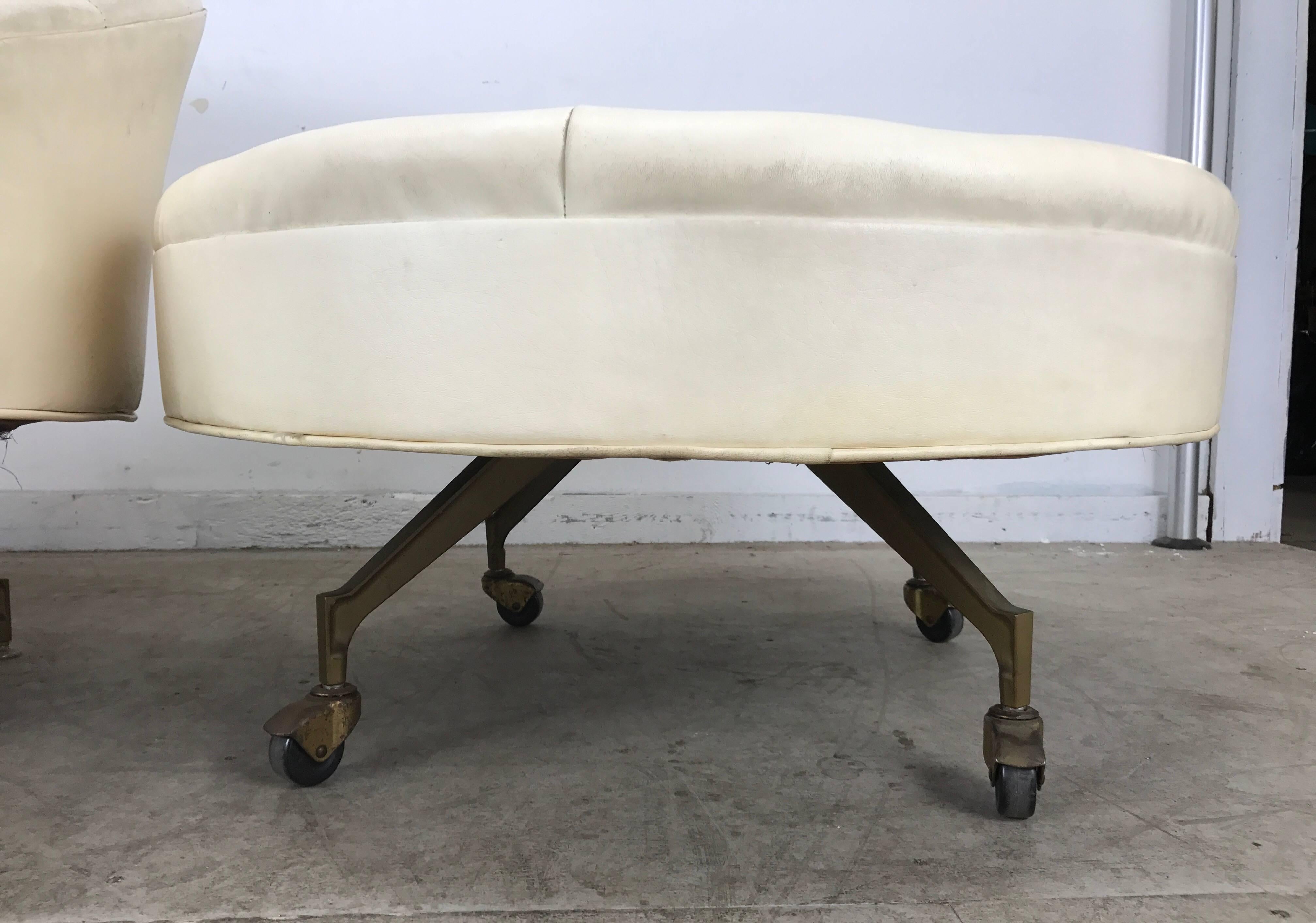 American Unusual Pop Modernist White Naugahyde Barrel Lounge and Round Ottoman