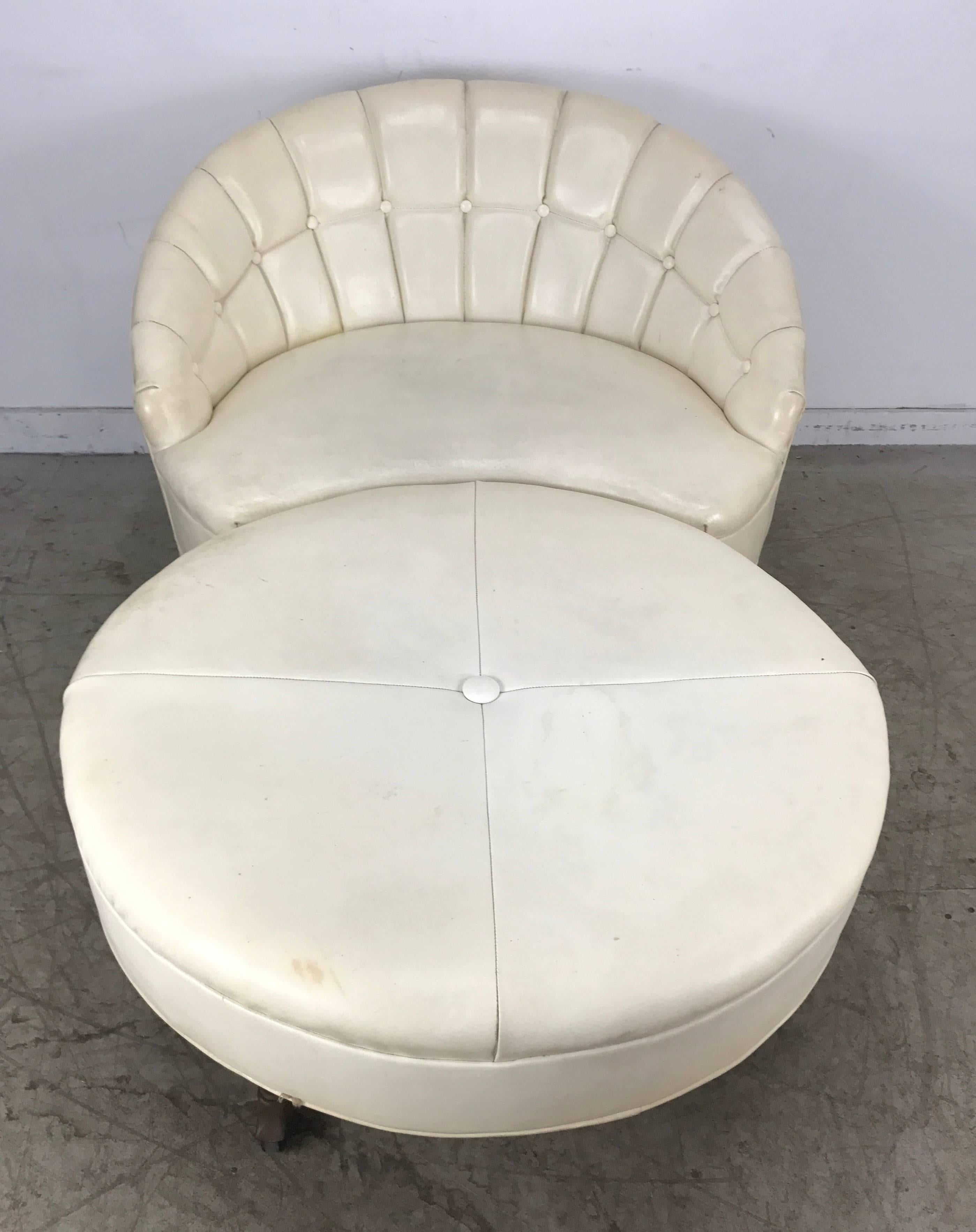 Cast Unusual Pop Modernist White Naugahyde Barrel Lounge and Round Ottoman