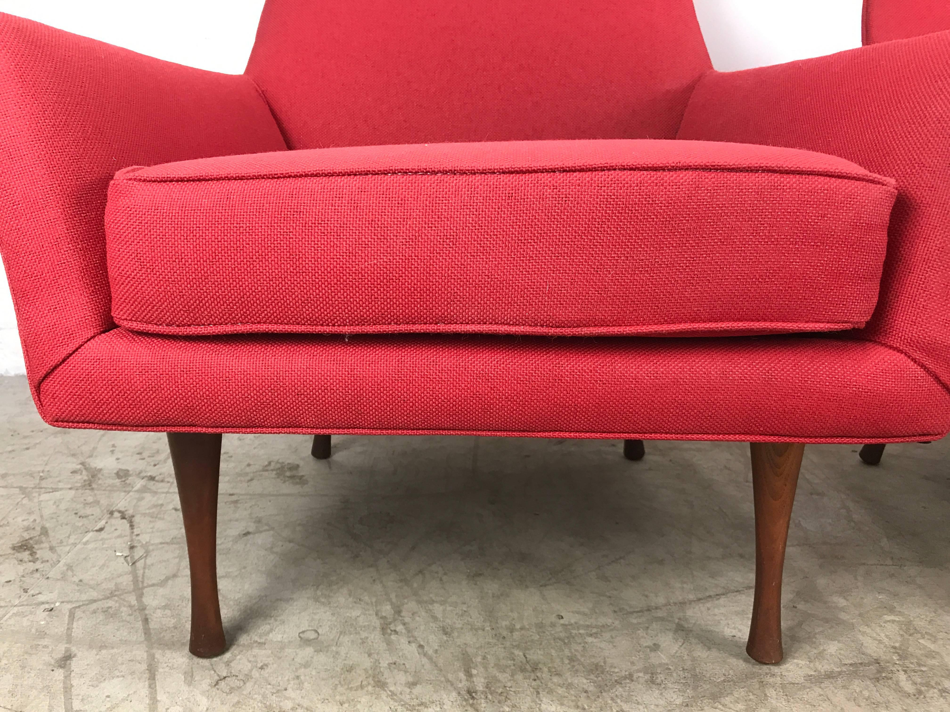 Classic Mid-Century Modern lounge chairs designed by Paul McCobb manufactured by Widdicomb from the Symmetric Group. Recently reupholstered in red Knoll wool fabric. Stunning! Extremely comfortable. Amazing design. Hand delivery available to New