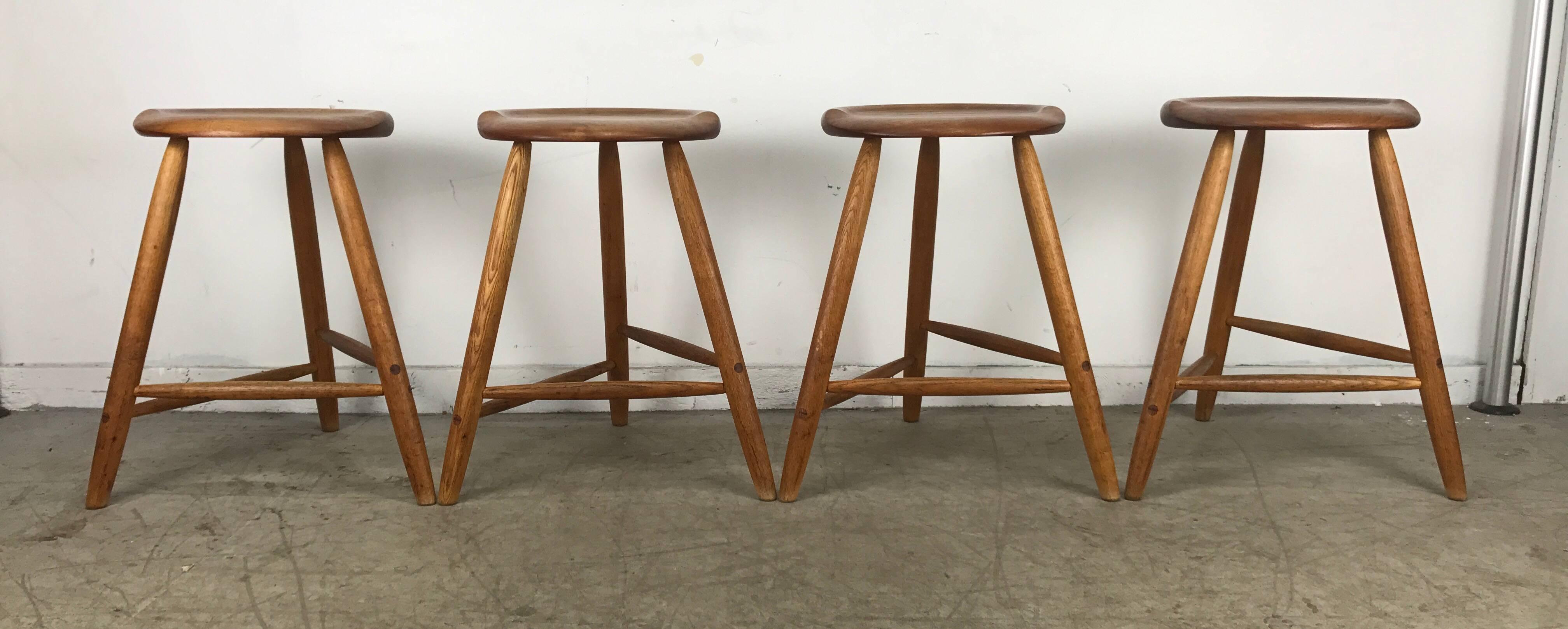 Stunning set of four wooden studio stools with a removable, low backrest made by Pennsylvania craftsman Kai Pedersen.

The stools are signed 'Pedersen Woodworking' with the year of creation (1983). All four have backrests. All handmade,