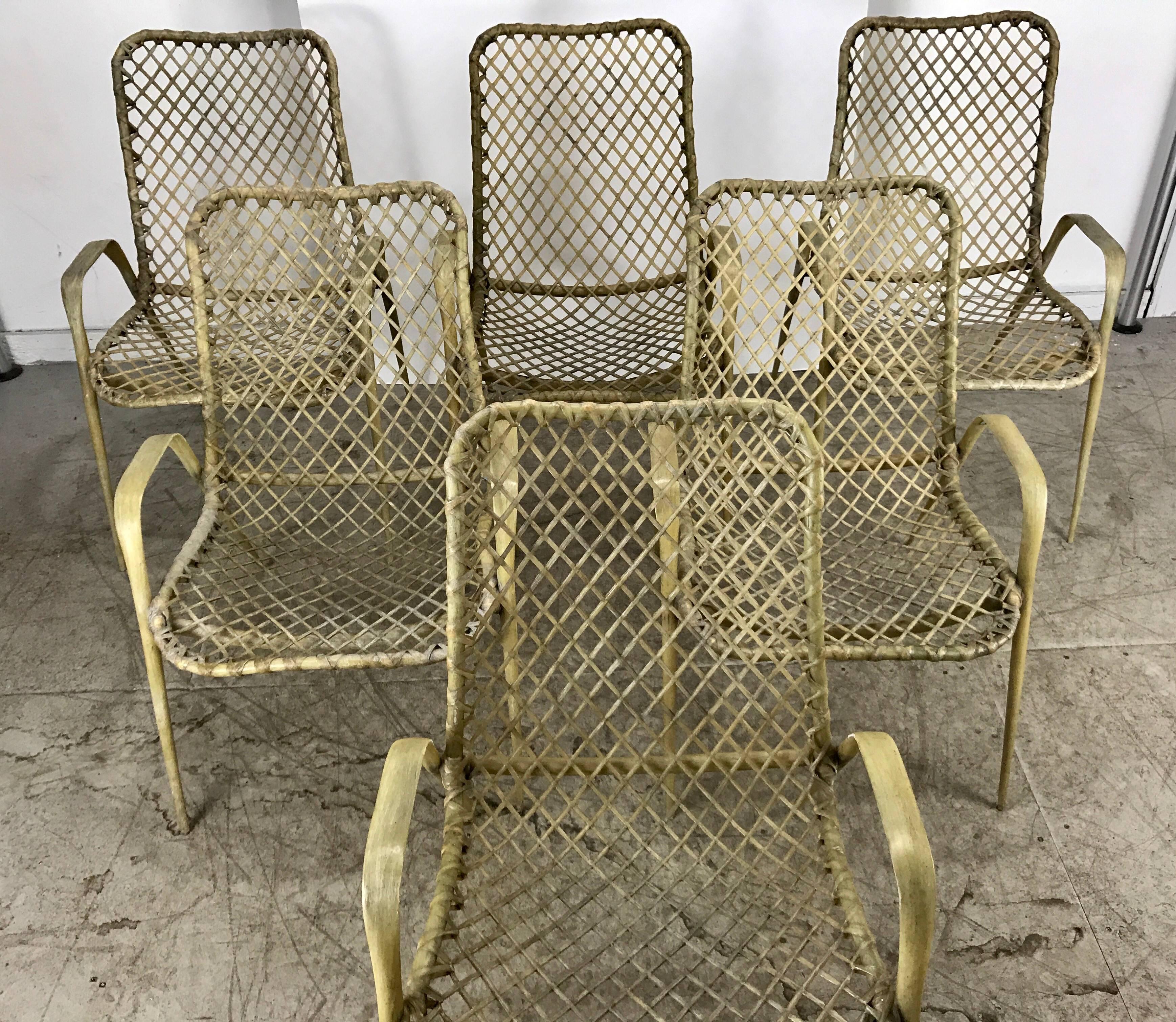 Set of six resin string chairs, modernist indoor / outdoor by Troy Sunshade, classic modernist design. Extremely comfortable. Hand delivery available to New York City or anywhere enroute from Buffalo New York.