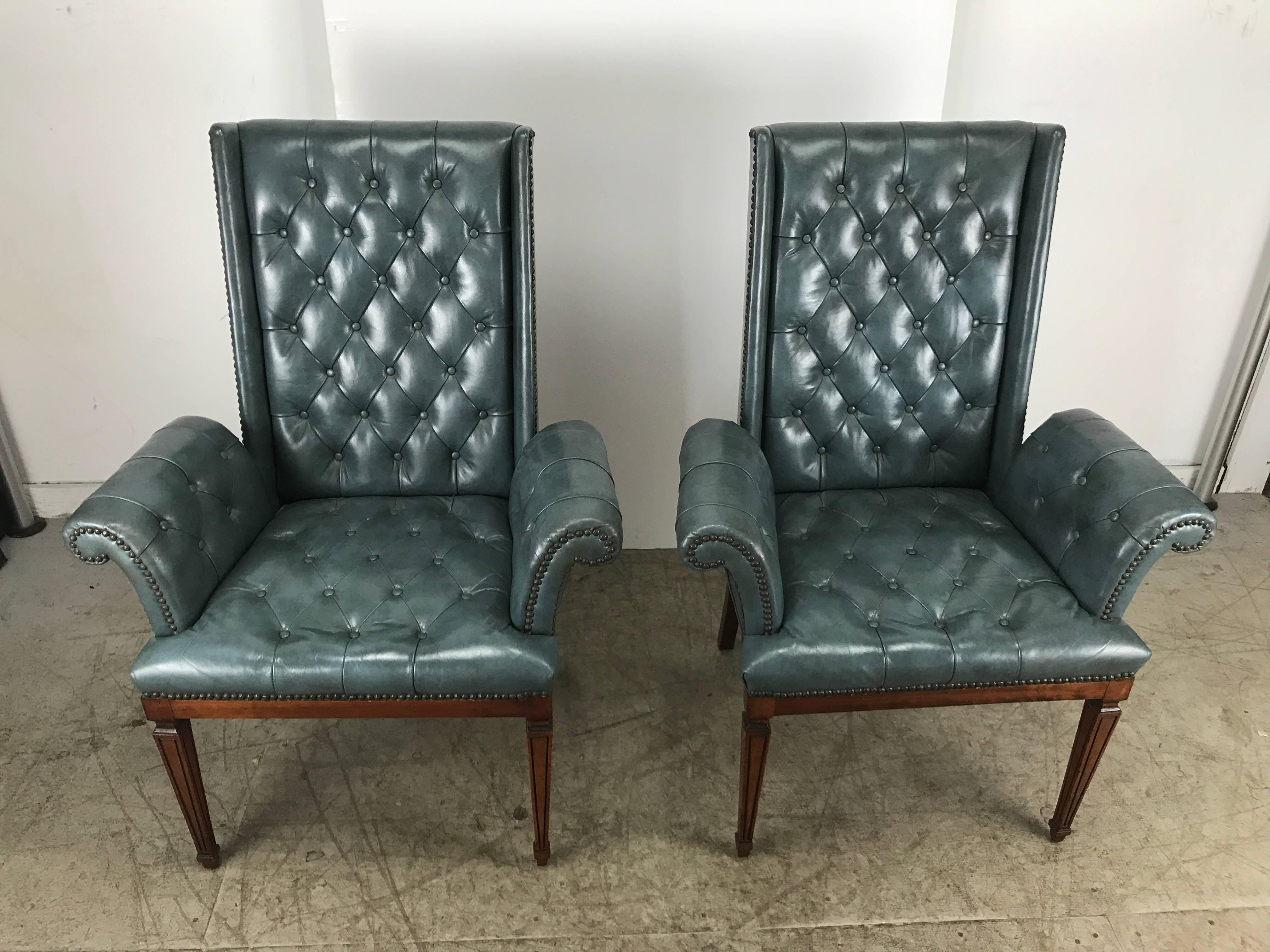 Hollywood Regency Stunning Blue Leather Button Tufted Regency Armchairs, Tommi Parzinger