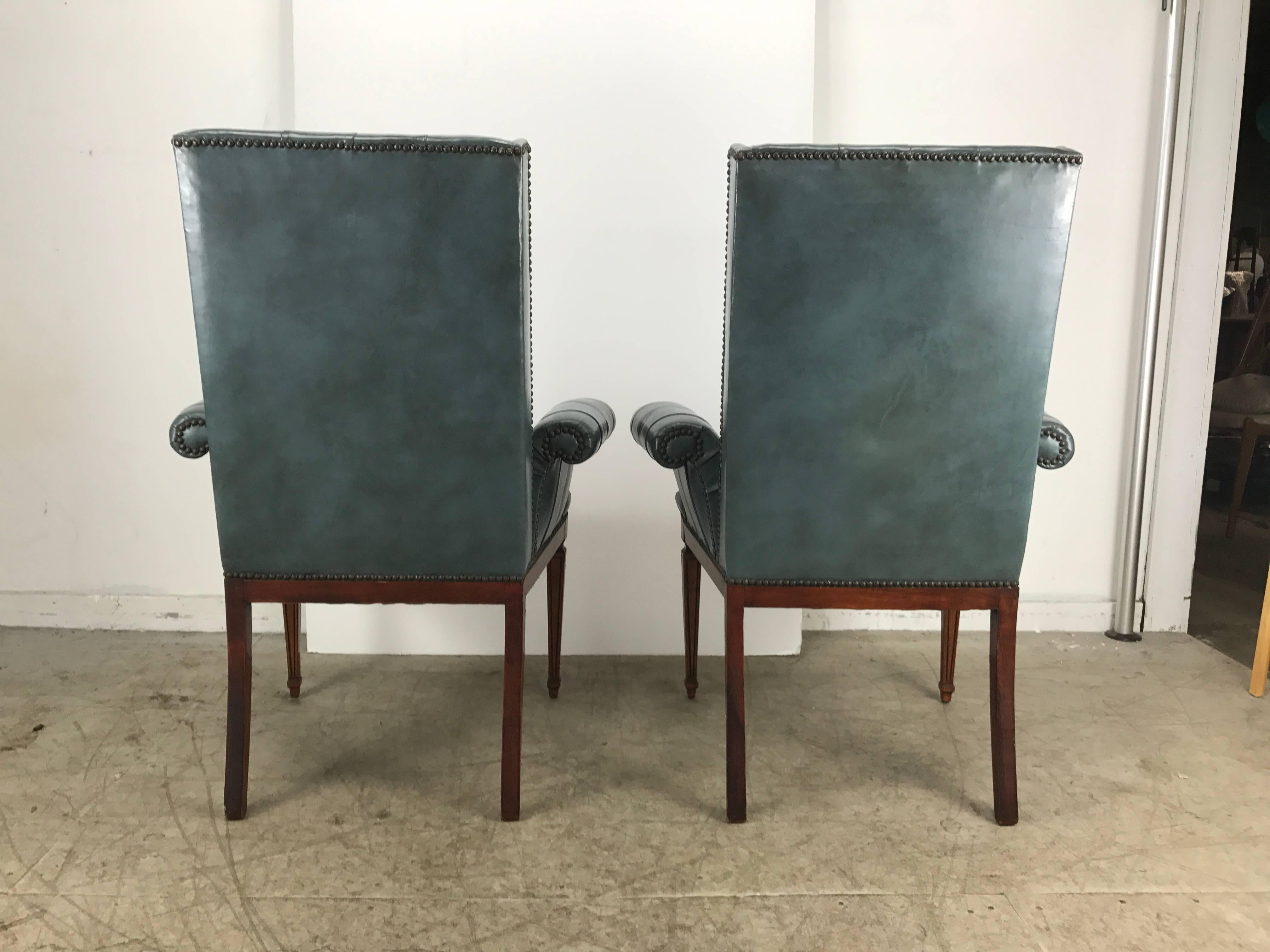 Stunning Blue Leather Button Tufted Regency Armchairs, Tommi Parzinger In Excellent Condition In Buffalo, NY