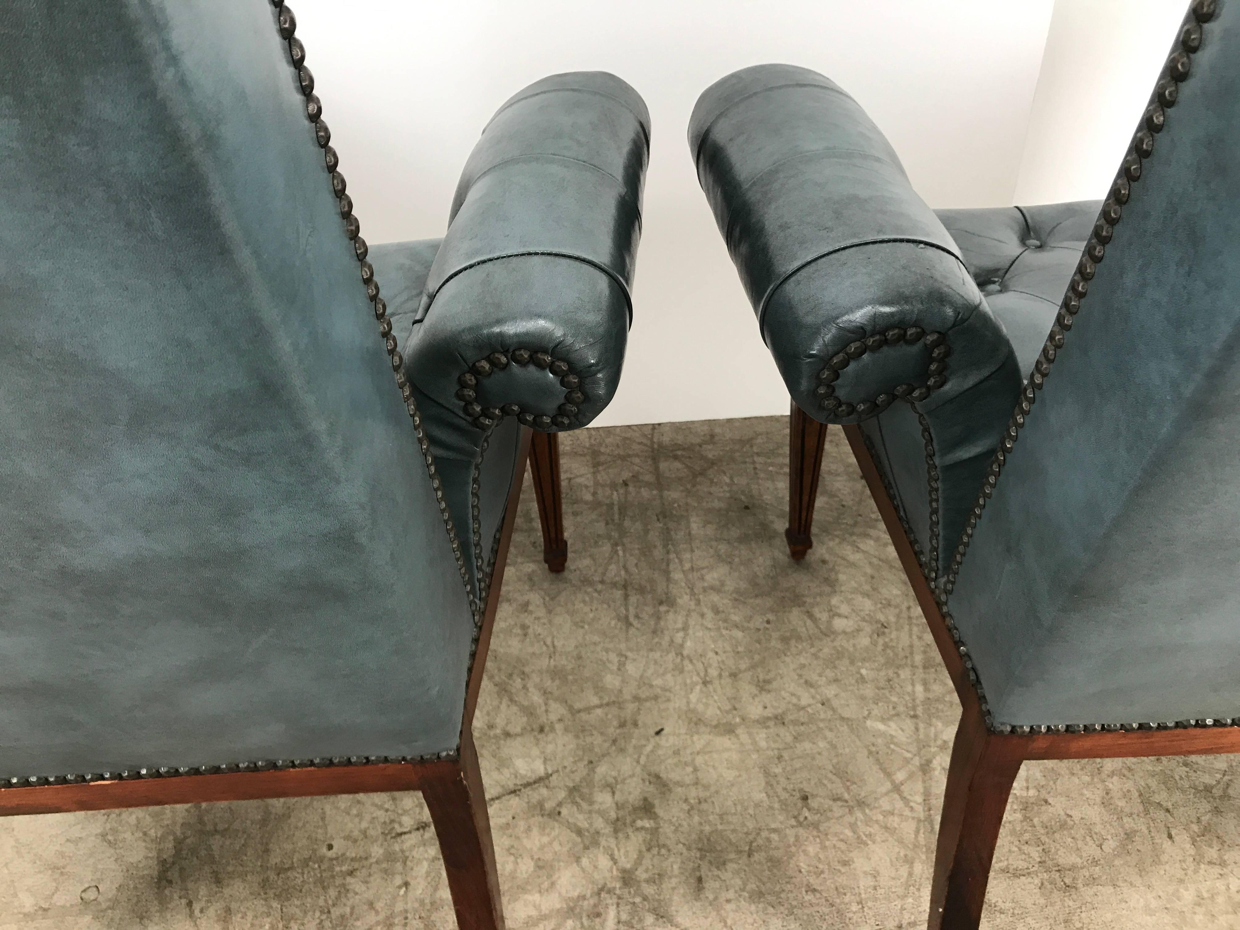 20th Century Stunning Blue Leather Button Tufted Regency Armchairs, Tommi Parzinger
